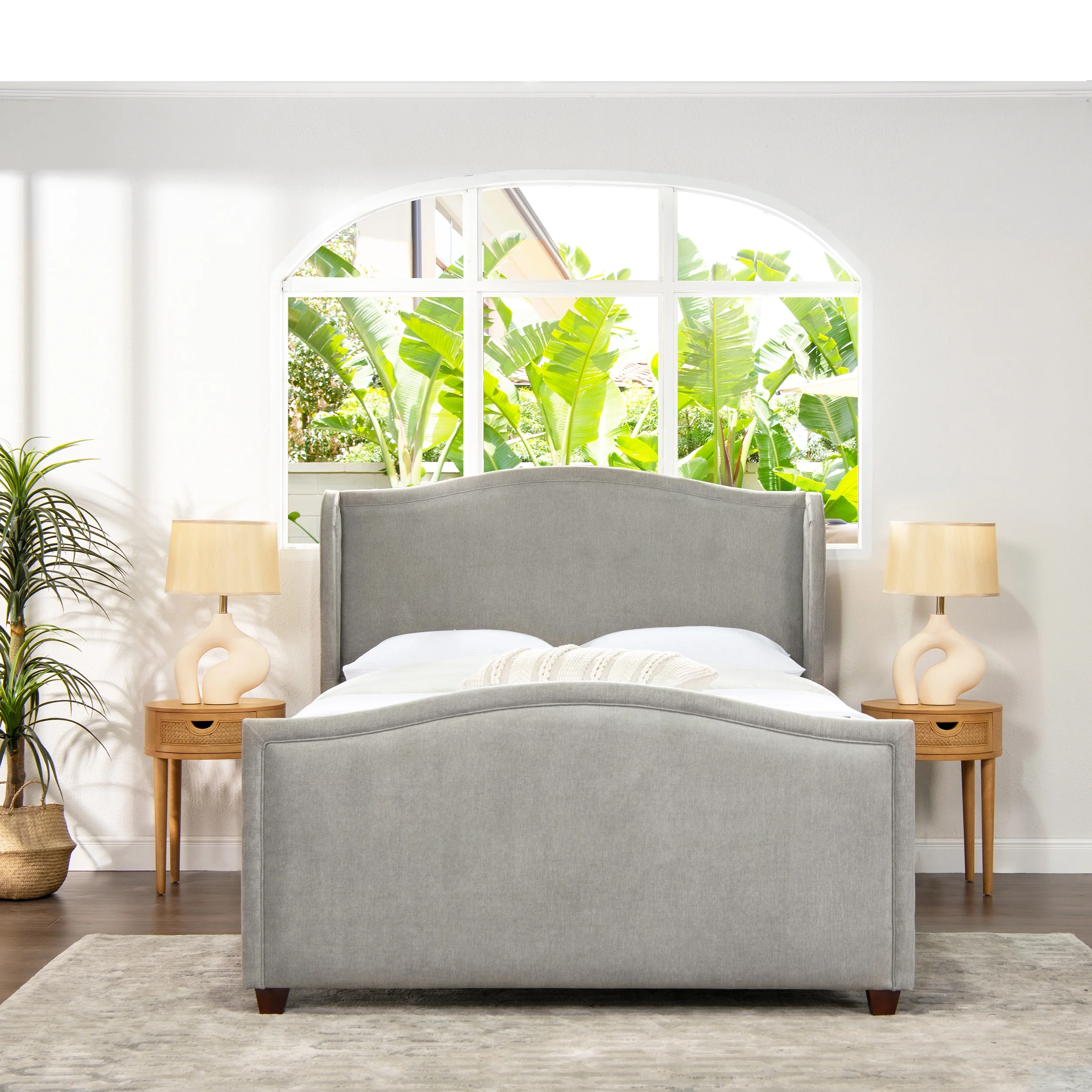 Carmen Queen Upholstered Wingback Panel Bed Frame, Silver Grey