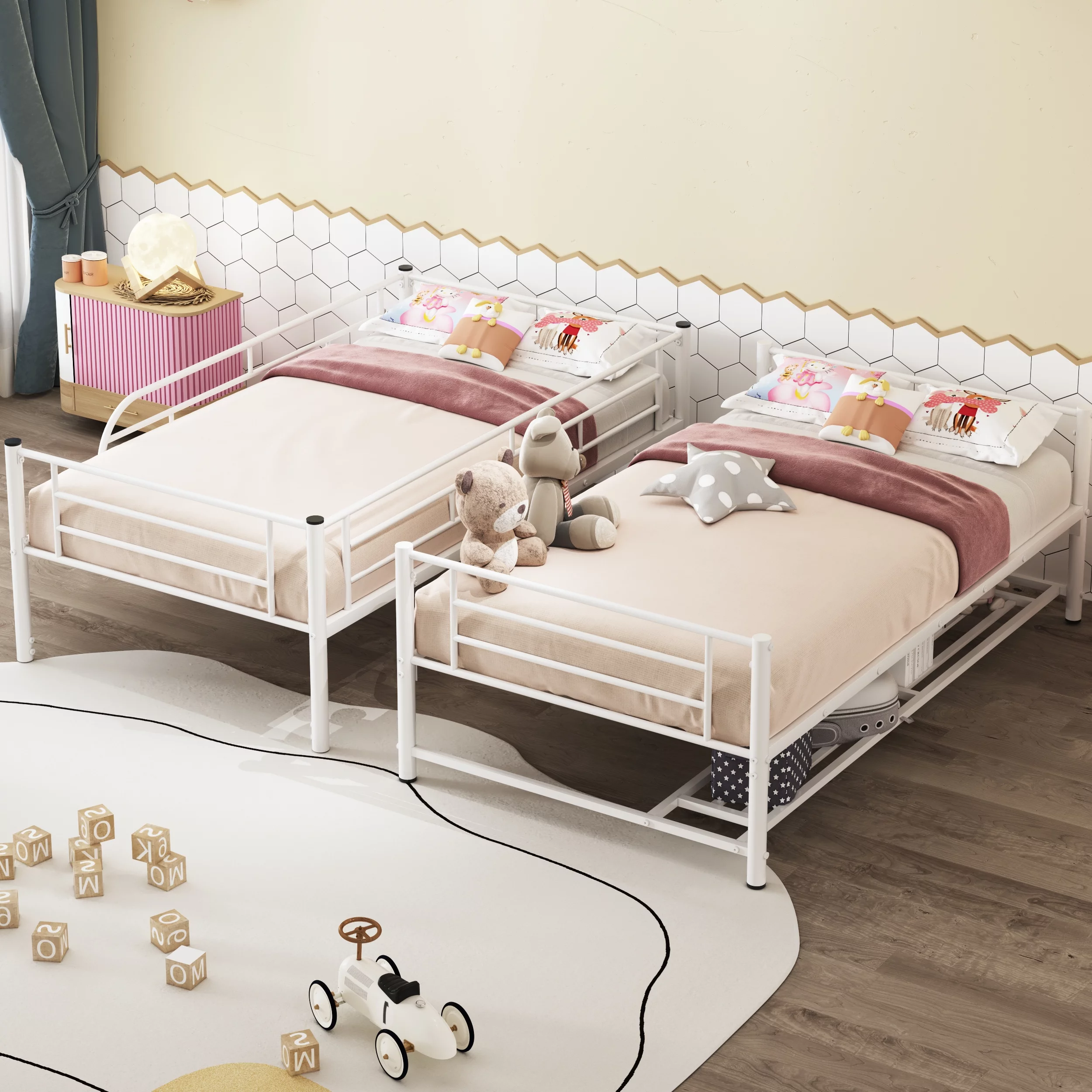 CoSoTower Twin over Twin Metal Bunk Bed with Shelf and Guardrails, White