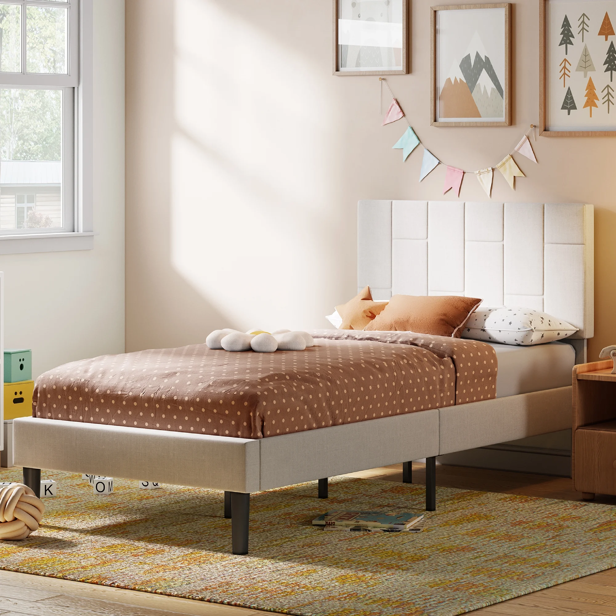 LIKIMIO Twin Platform Bed Frame with Upholstered Headboard and Wood Slat Support, Beige
