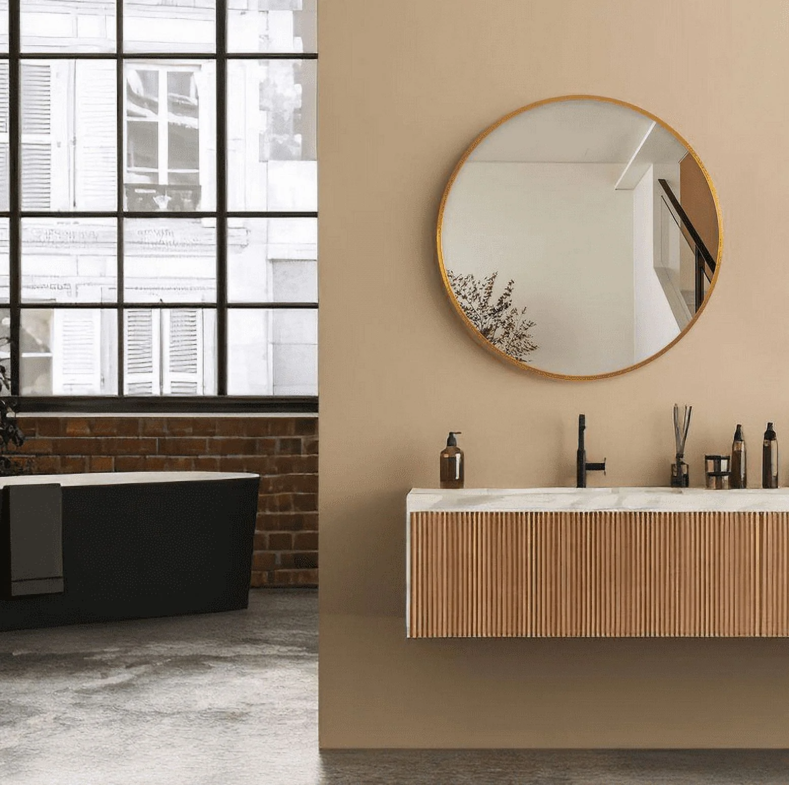 Medium Round Gold Hooks Modern Mirror (31.5 in. H x 31.5 in. W)