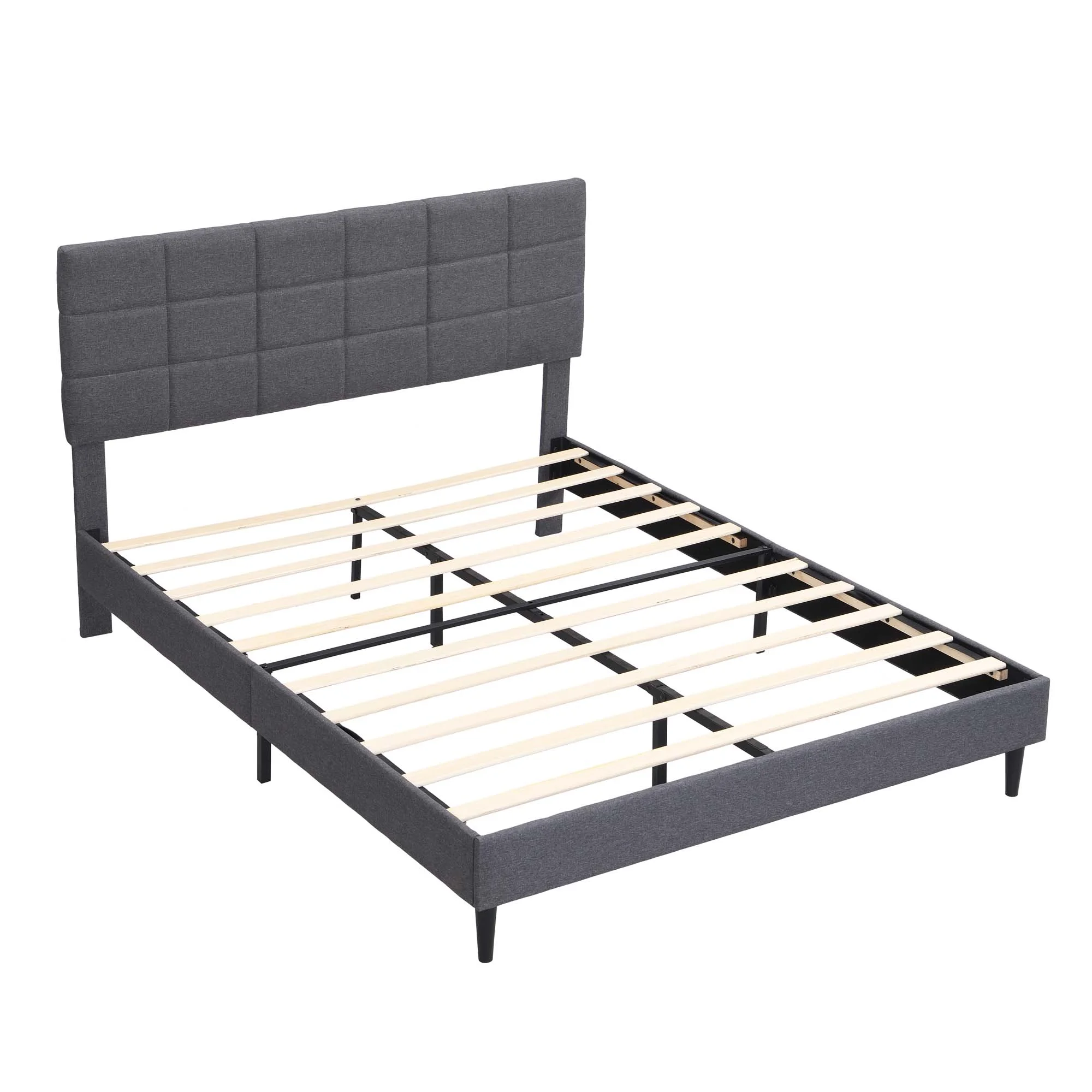 Momspeace Bed Frame Queen Size with Headboard and Strong Wooden Slats Upholstered Platform Bed, Gray