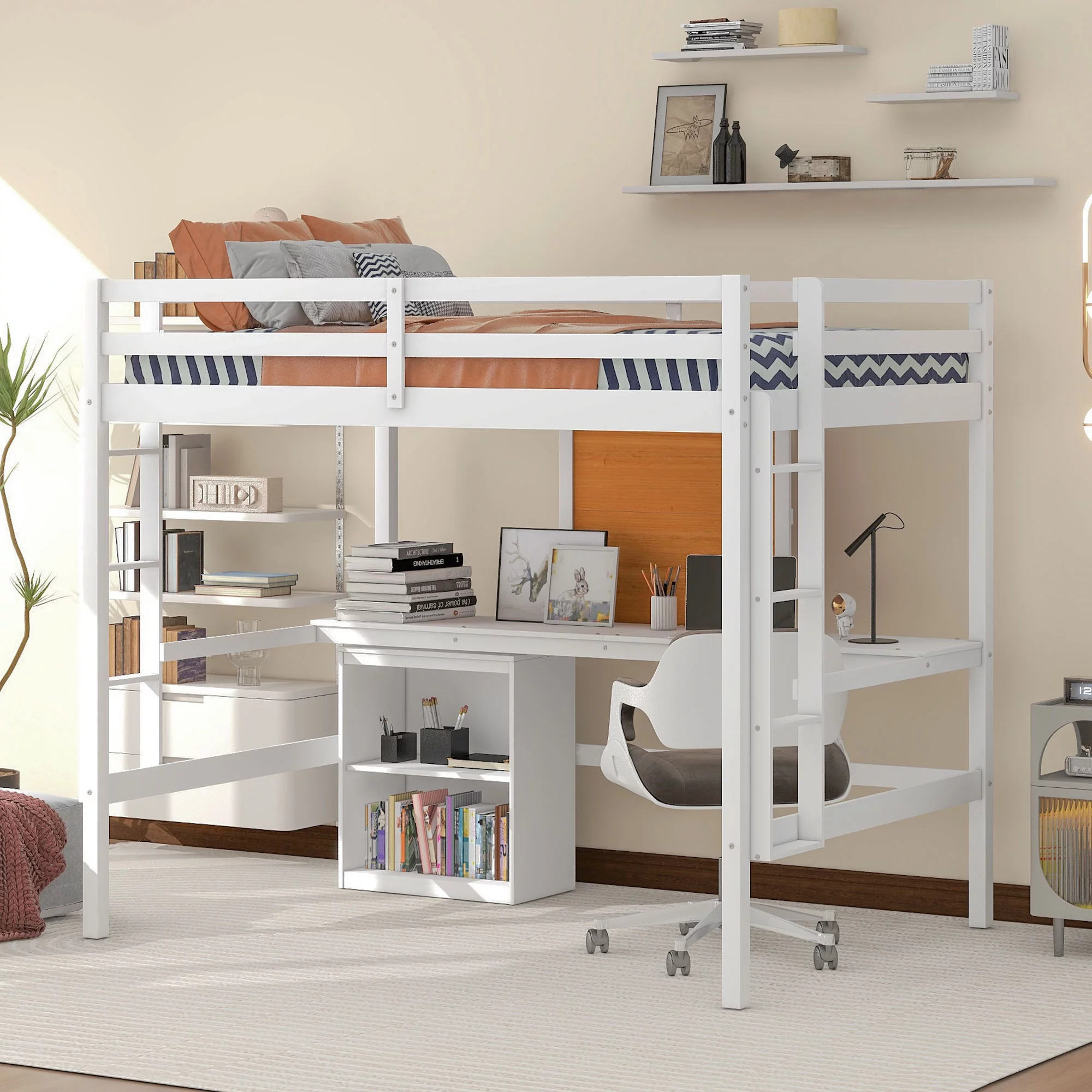 Bellemave Full Size Loft Bed with Desk and Writing Board,Solid Wood Full Loft Bed Frame with 2 Drawers Cabinet and Safety Guardrail for Kids Teens Adults,Bedroom(Full,White)