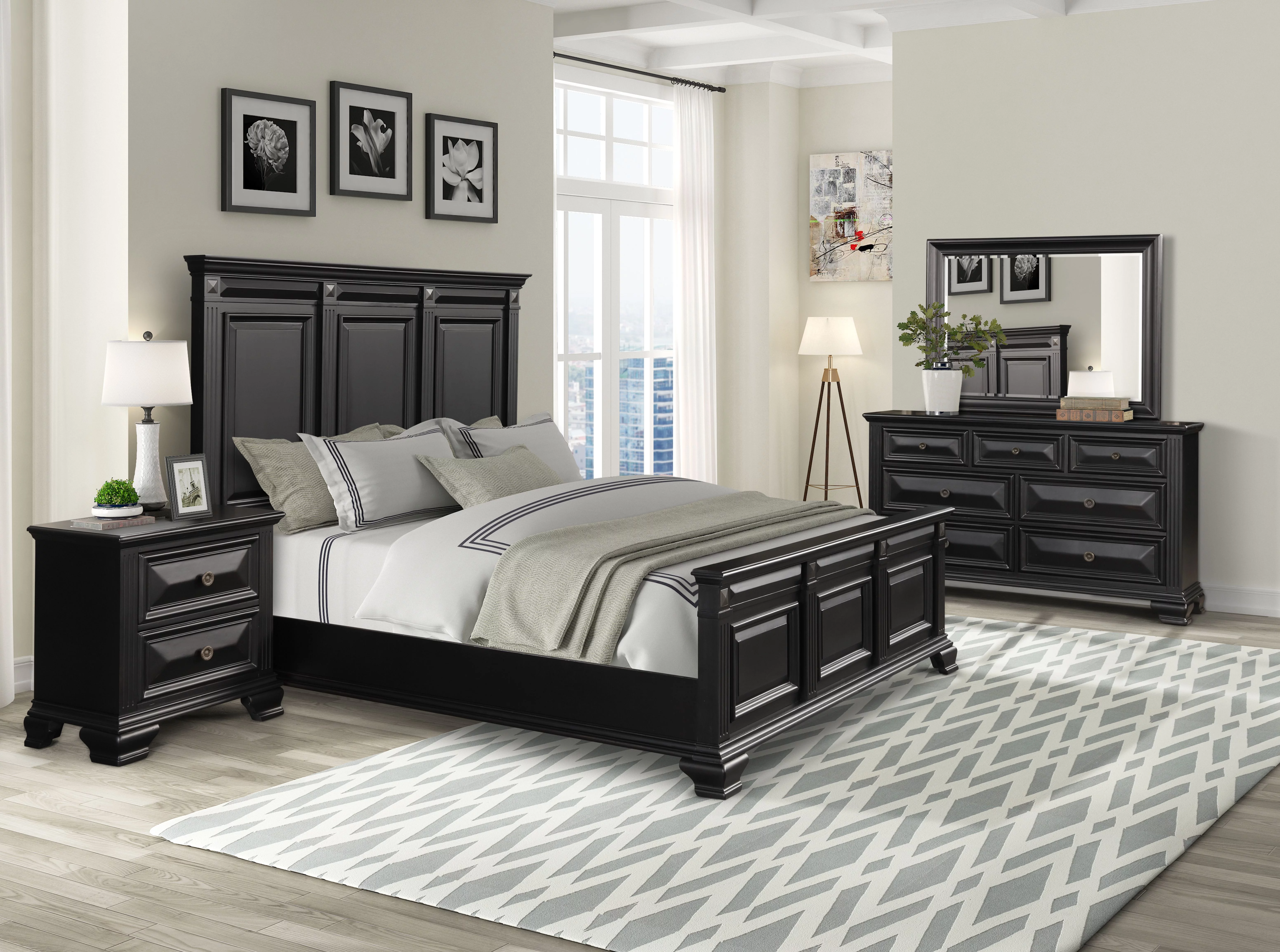 Renova Vintage Black Wood Bedroom Set, King Panel Bed, Dresser, Mirror, Nightstand