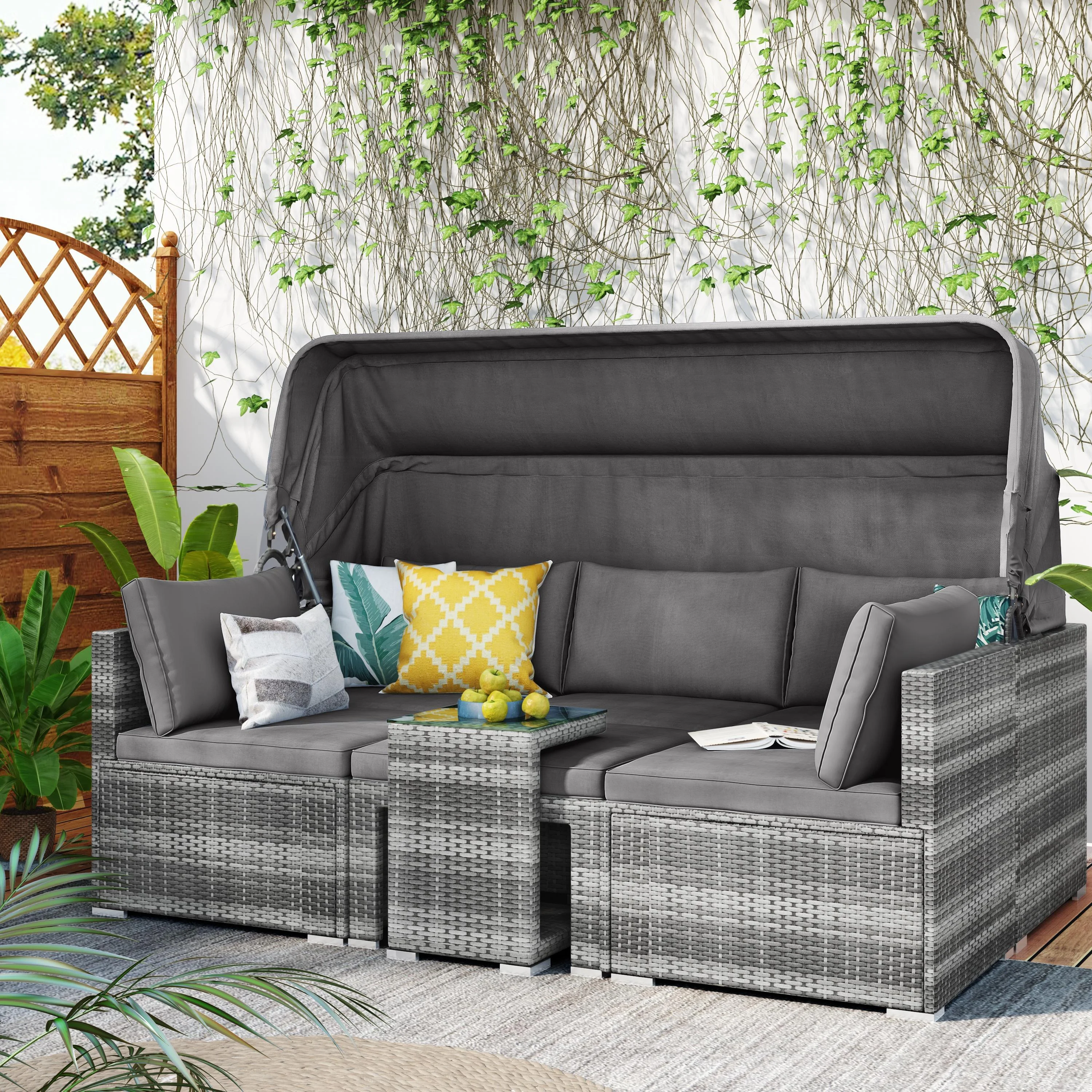 5 Pieces Rattan Sofa Set, Outdoor Sectional Daybed, PE Wicker Conversation Furniture Set with Canopy and Side Table for Backyard Poolside Deck, Gray