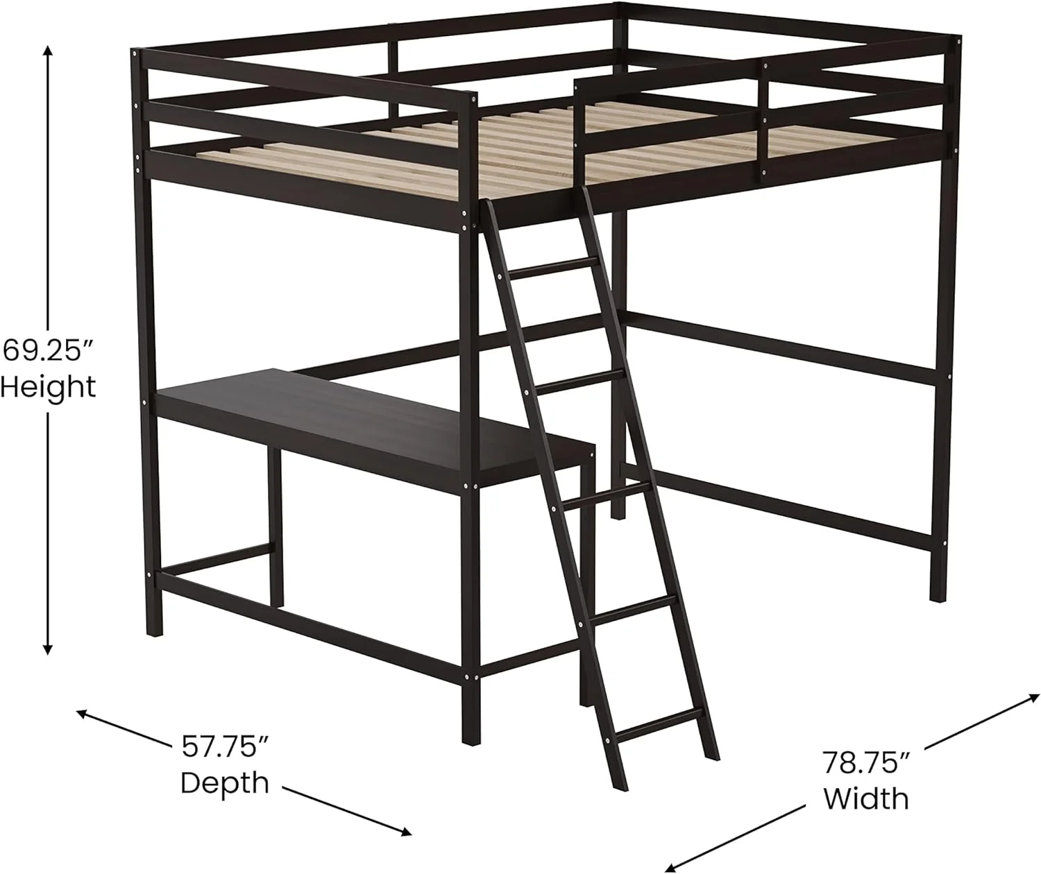 Ridley Full Wood Loft Bed Frame With Protective Guardrails And Integrated Desk And Ladder In Espresso For Use With Any 6-8