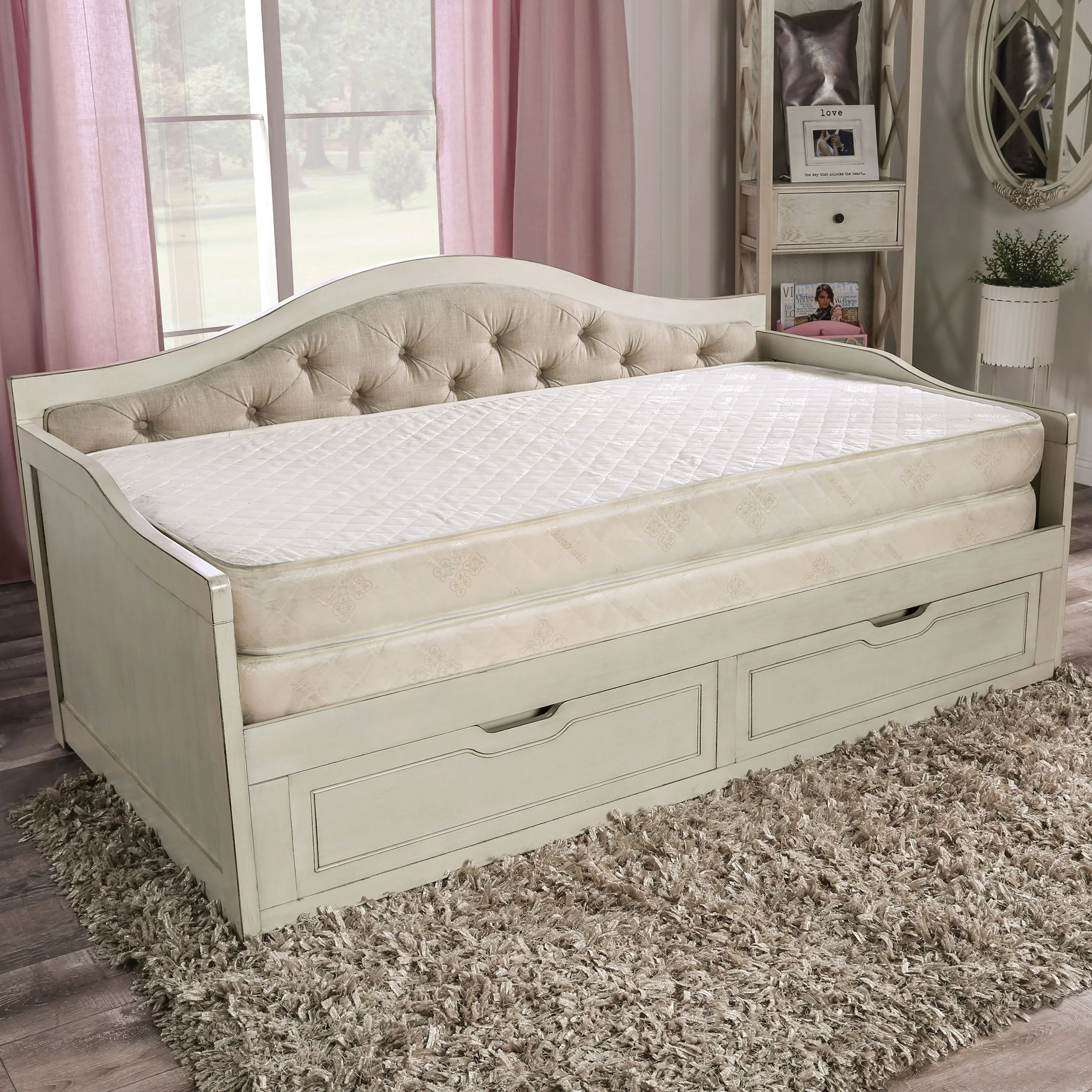 Furniture of America Paula Fabric Sleeper Storage Daybed, Antique White