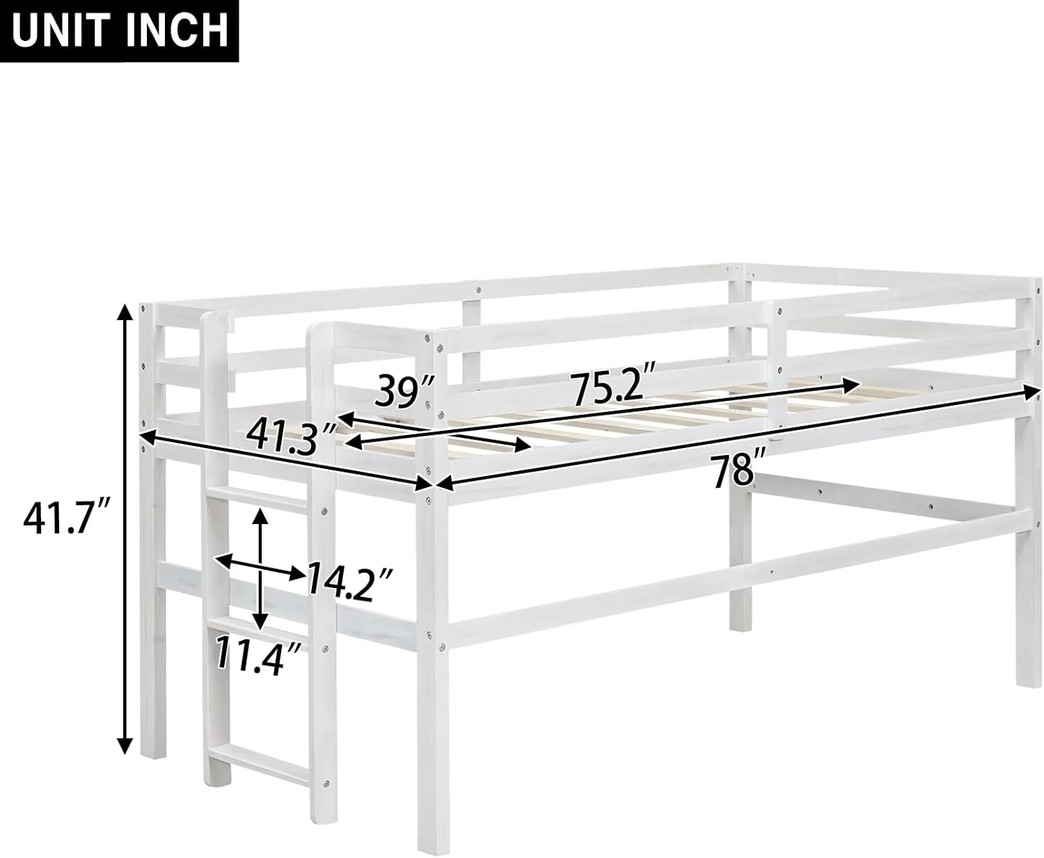 Loft Bed Twin Size, Modern Wooden Low Twin Loft Bed with Side Steps, High Guardrails, Fun-Filled Space, Pine Frame, Space-Saving, for Bedroom