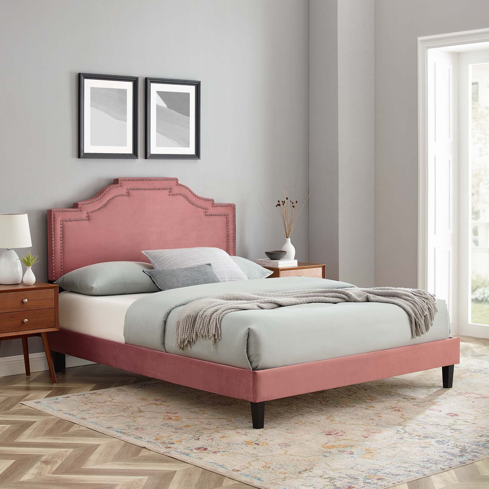 Modway Adelaide Performance Velvet King Platform Bed in Dusty Rose