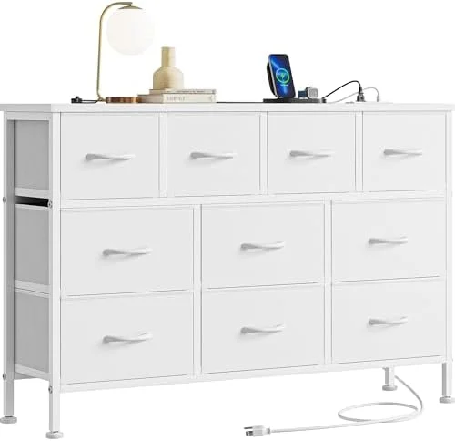 xrboomlife Dresser TV Stand with Power Outlet 43" Long Dresser for Bedroom with 10 Fabric Drawers Chest of Drawers for Living Room Hallway Nursery (White)