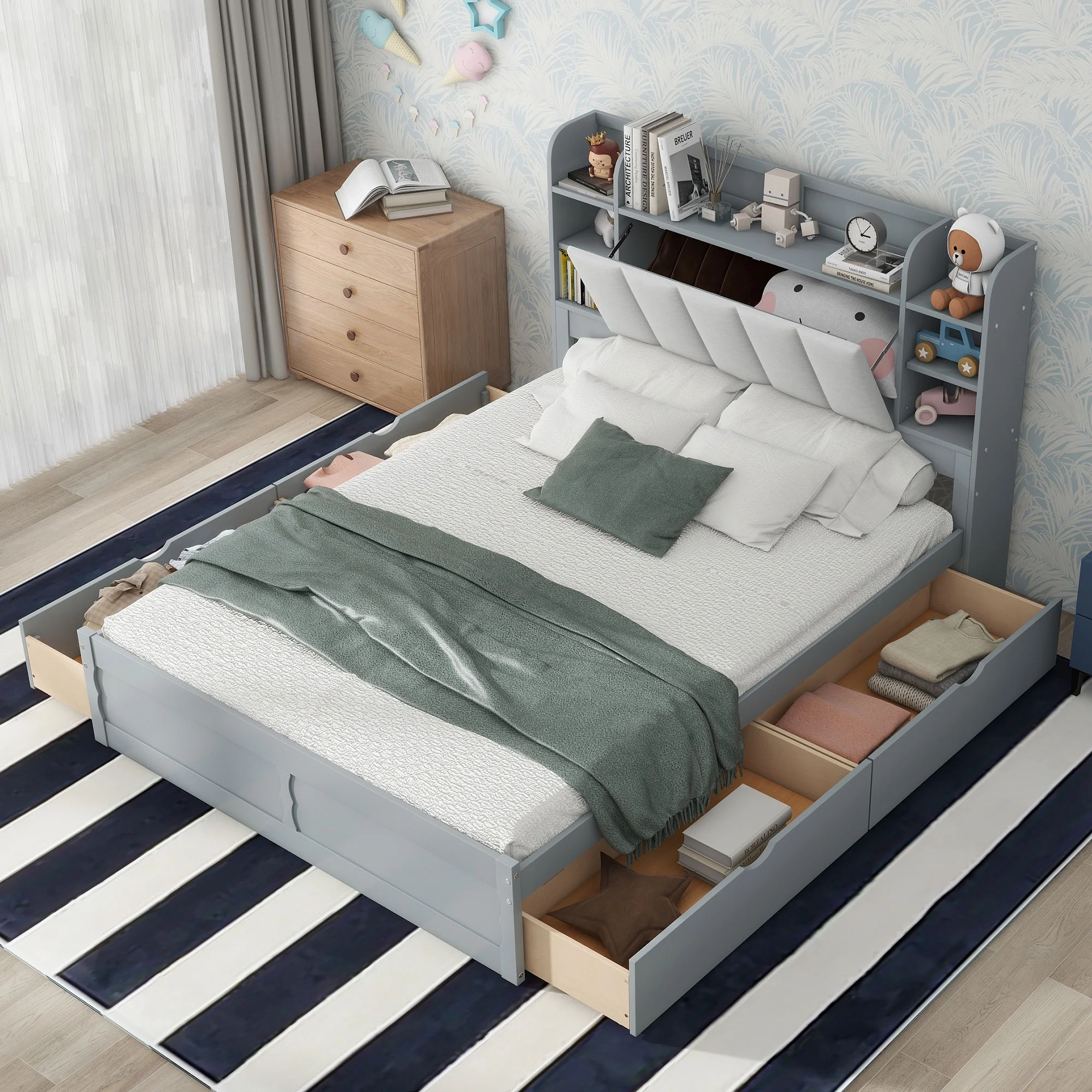 Churanty Queen Size Platform Bed with Storage Bookcase Headboard, Wood Platform Bed Frame with Shelves and 4 Drawers,Gray