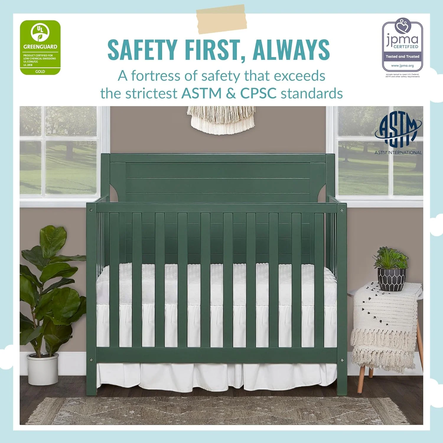Dream On Me Bellport 4 in 1 Convertible Mini/Portable Crib In Safari Green, Non-Toxic Finish, Made of Sustainable New Zealand Pinewood, With 3 Mattress Height Settings, 40