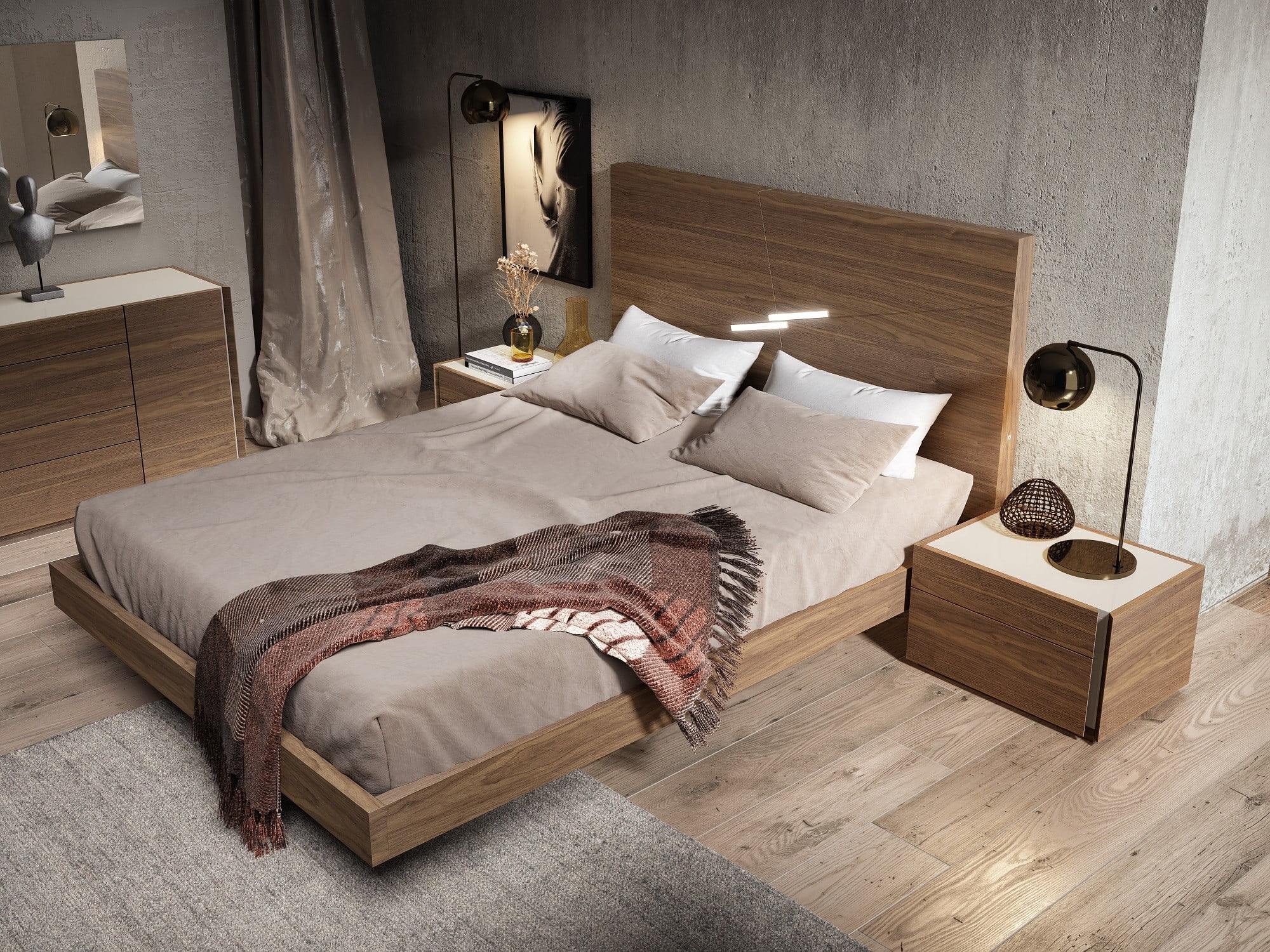 J&M Furniture Faro Premium Bedroom in Walnut with Light Grey with 6 piece king bed, chest, dresser, mirror and 2 nightstand, king bedroom set
