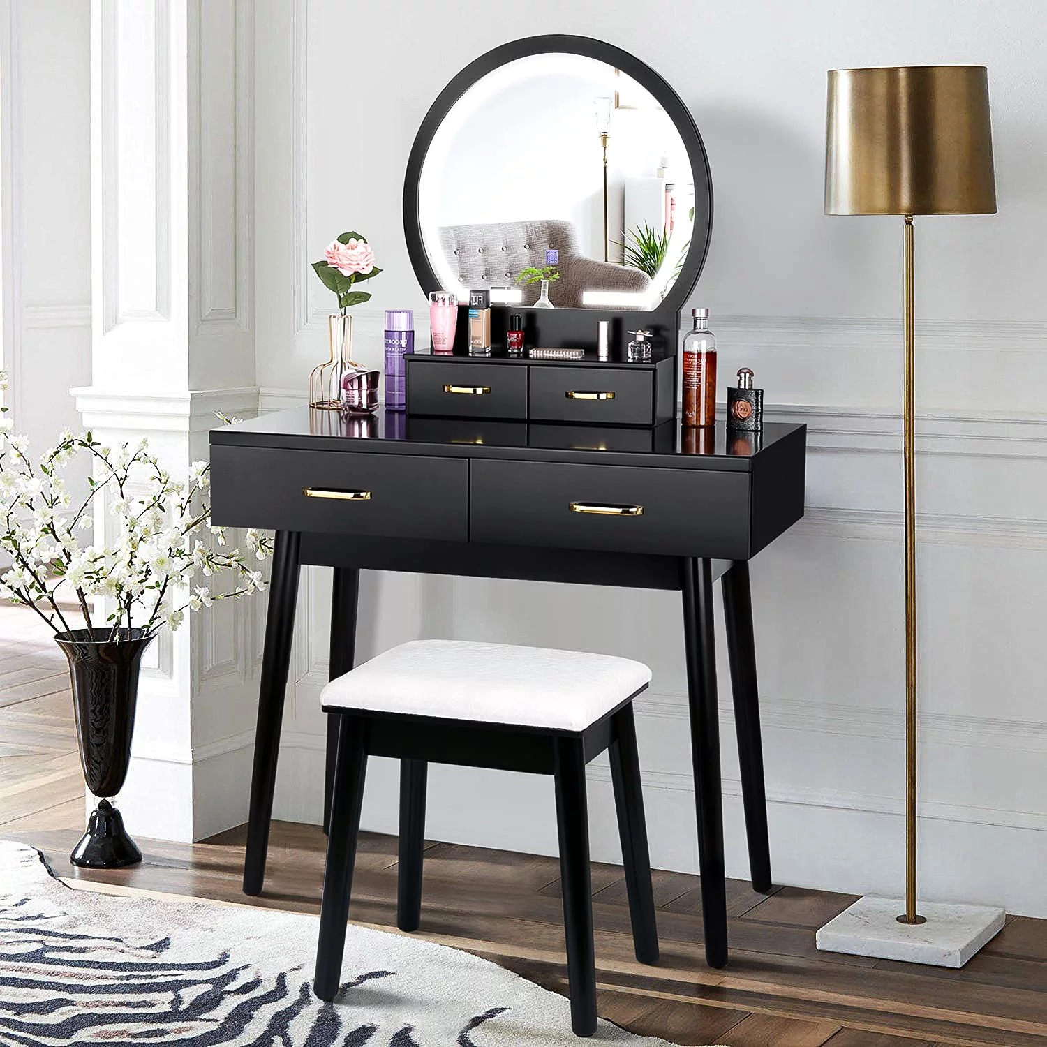 RichYa Makeup Vanity Table with Stool Mirror for Bedroom