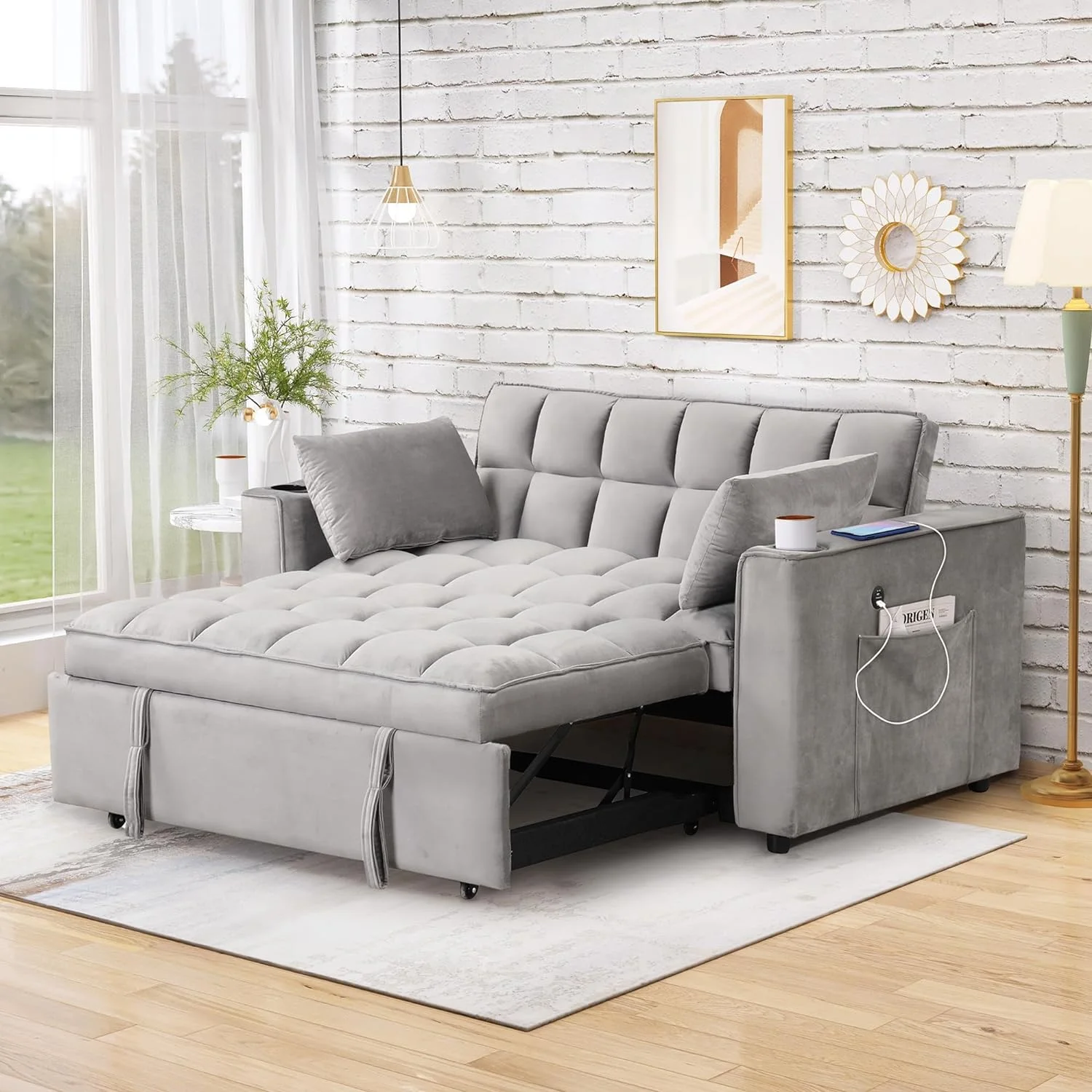Convertible Sofa Couch With Pull Out Bed, 3-In-1 Multi-Functional Sofa Bed With Cup Holder And USB Port, 2 Seat Loveseat Sleeper Sofa Bed For Small Space, Living Room