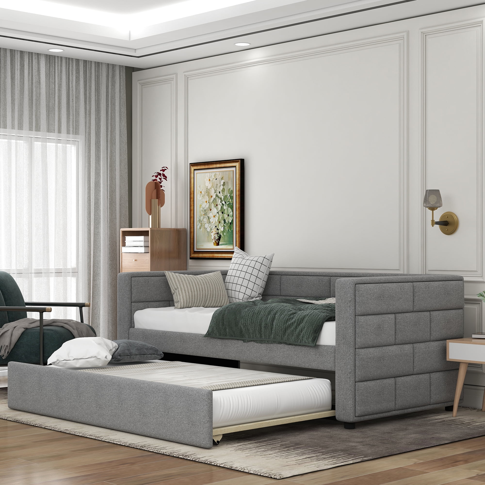 Twin Size Upholstered Daybed with Trundle, Wood Frame Sofa Bed for for Living Room and Bedroom, Padded Back, Gray