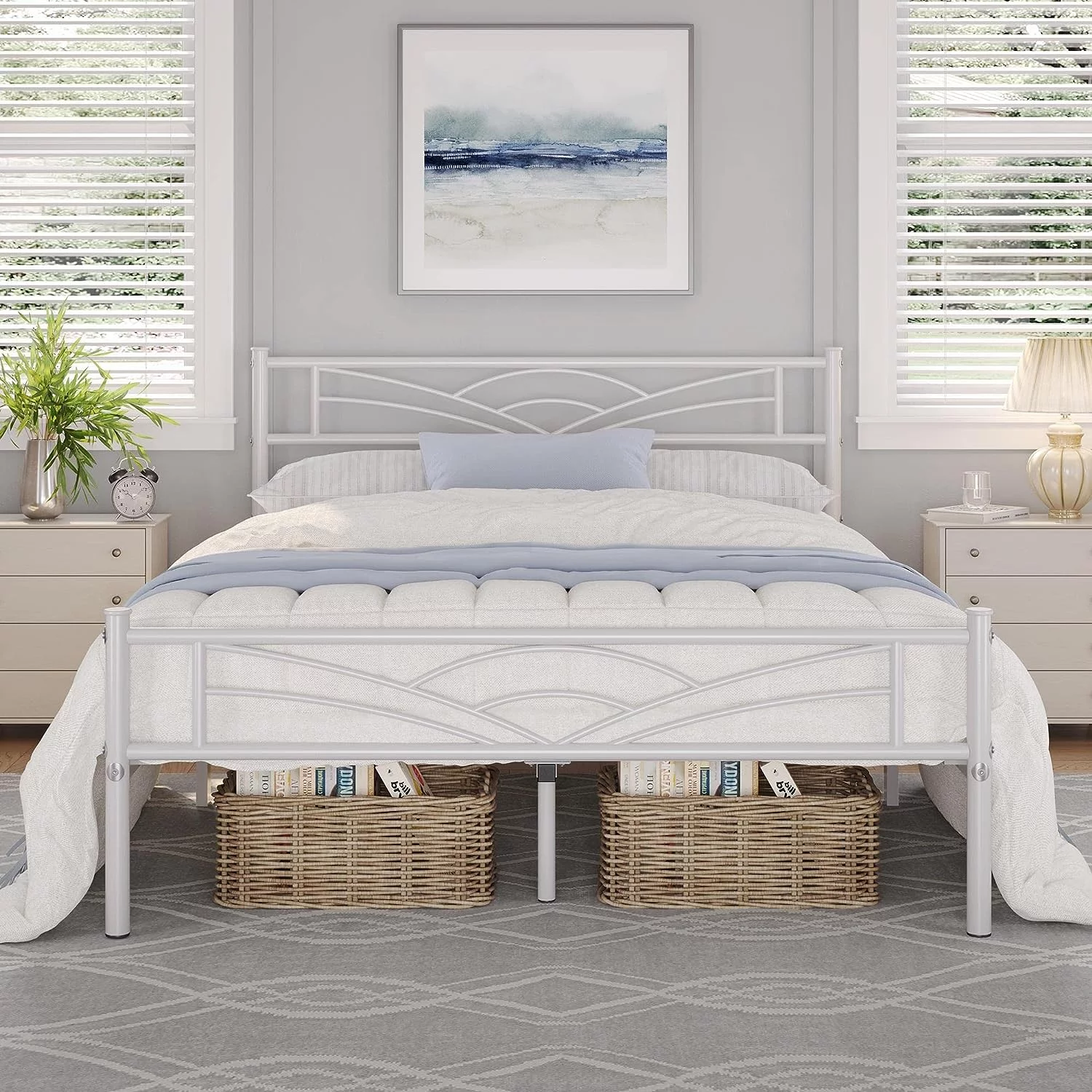 Full Size Bed Frame Metal Platform Bed S Foundation with Cloud-Inspired Design Headboard/Footboard/Ample Under Bed Storage/No Box Spring Needed/Full Size White