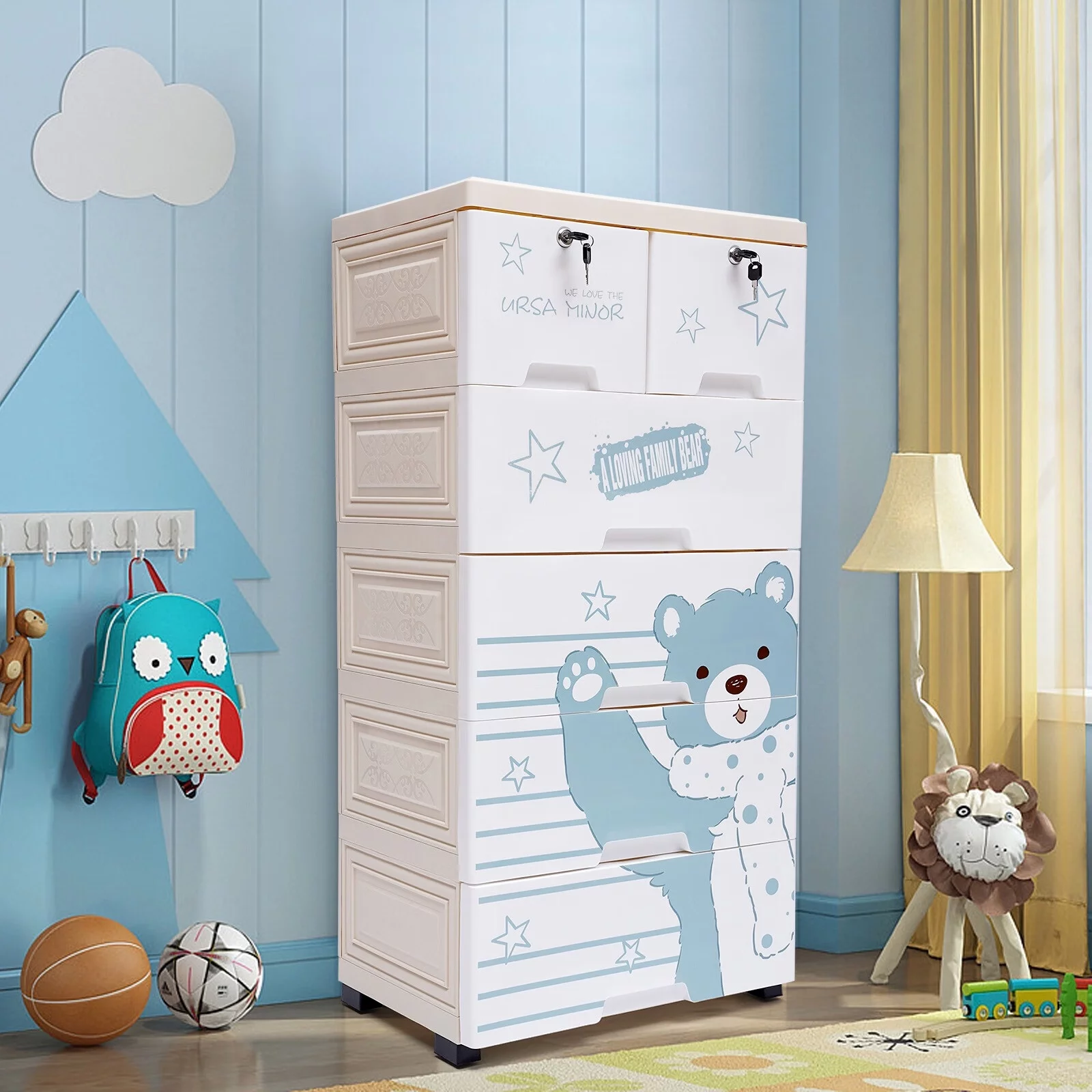 Aiqidi 6 Plastic Drawers Dresser, 5 Layers Storage Cabinet Tower Chest Bedroom Closet Organizer w/Wheels and Locks (Polar Bear)