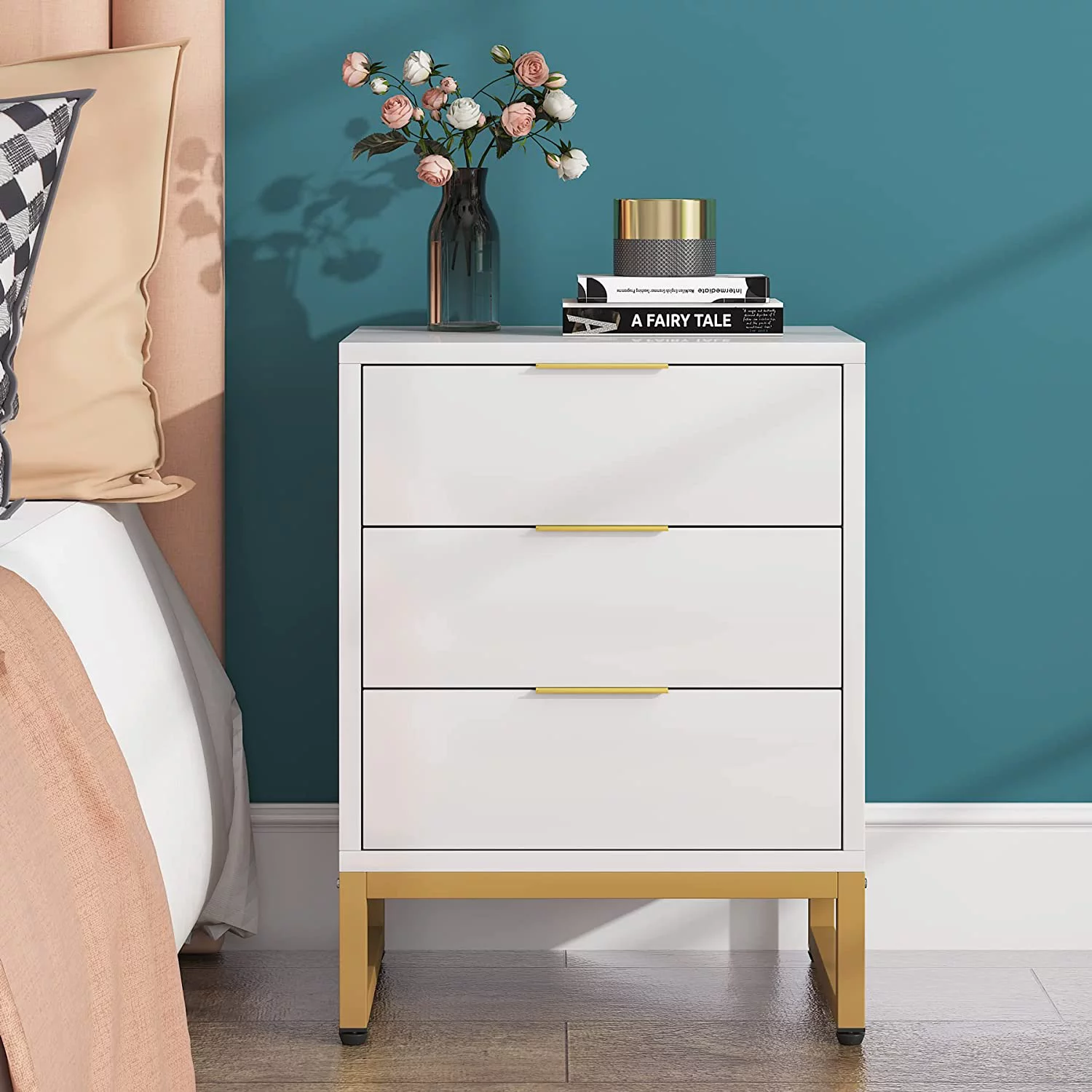 Tribesigns Nightstand with 3 Storage Drawers, Bedside Table with Metal Frame, Modern Side End Table for Bedroom Living Room, White/Gold