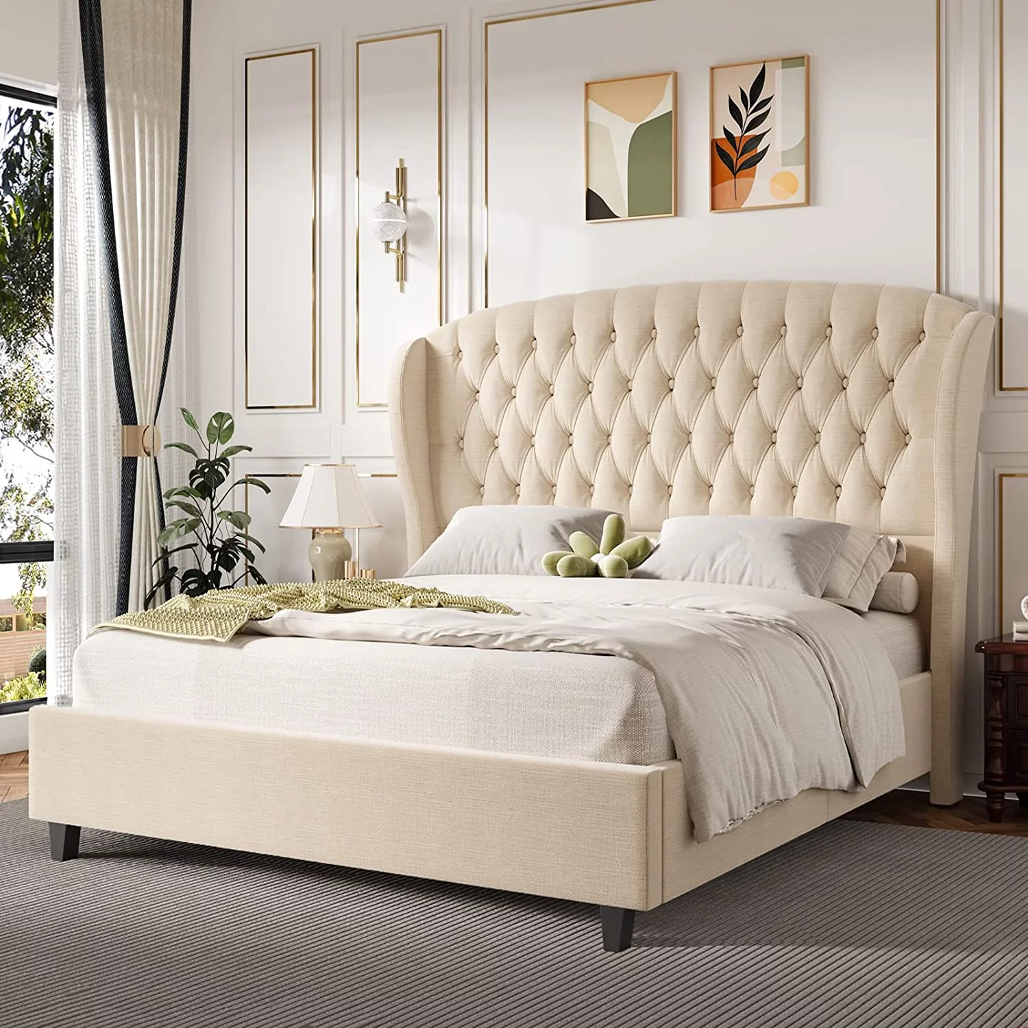 PaPaJet Upholstered Bed Frame Queen Size Platform Bed Deep Button Tufted Handmade Headboard Shell Wingback/No Box Spring Needed/Wood Slats Support(Beige)