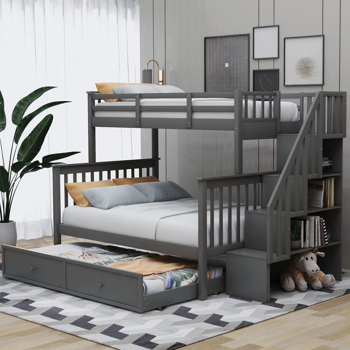 Stairway Solid Wood Twin Over Full Bunk Beds with Twin Size Trundle, Storage and Guard Rail Kids Bunk Beds
