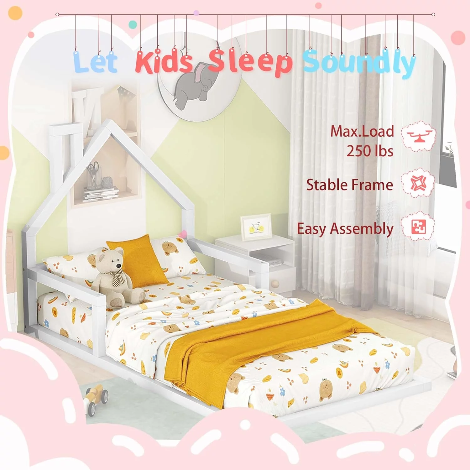 Floor Bed For Kids, Size Montessori Bed With House Shape Headboard And Railings, Wood House Bed With Slats For Boys Girls, Low To Ground Height, No Box Spring Needed, White