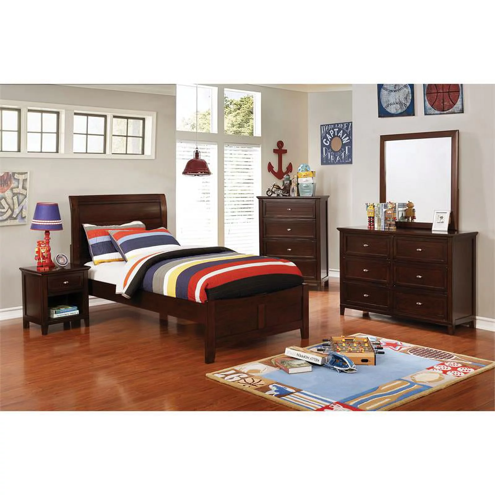Bowery Hill Transitional Wood Dresser and Mirror in Brown Cherry