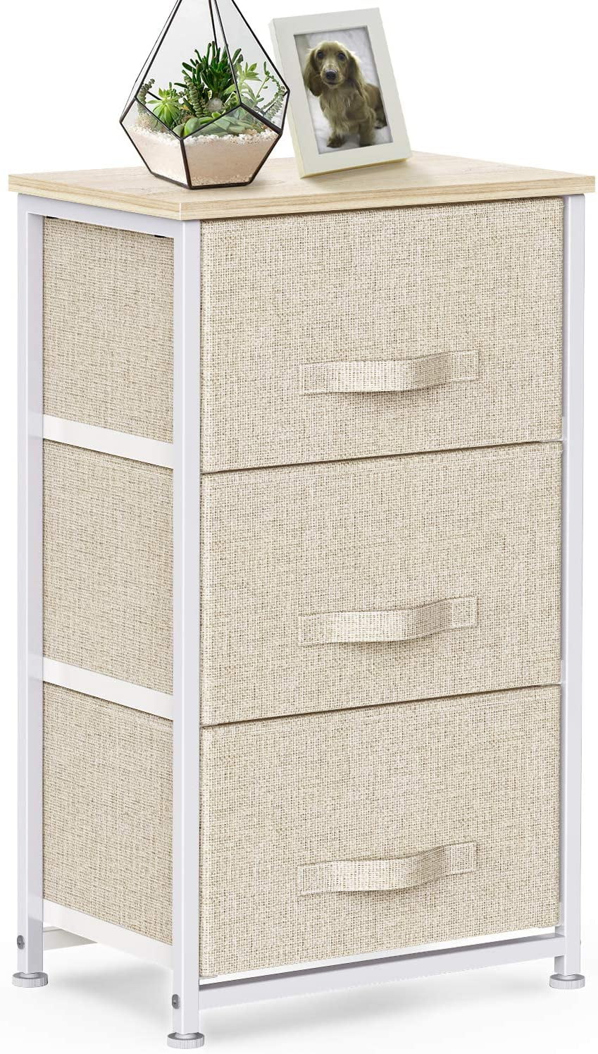 3 Drawer Fabric Dresser Storage Tower, Dresser Chest with Wood Top, Organizer Unit for Closets Bedroom Nursery Room Hallway (Beige)
