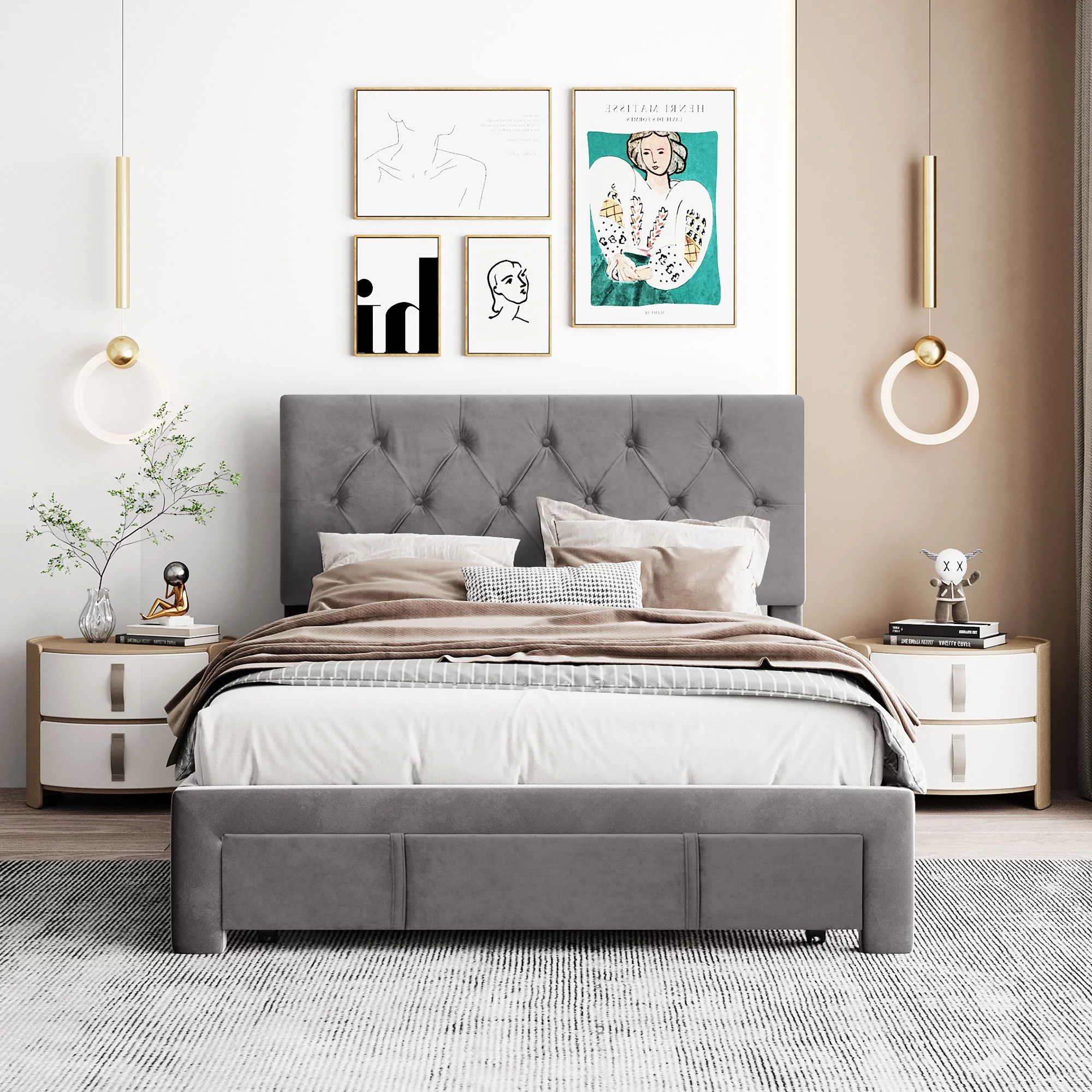 ikayaa Full Size Storage Bed Upholstered Platform Bed with a Big Drawer - Grey