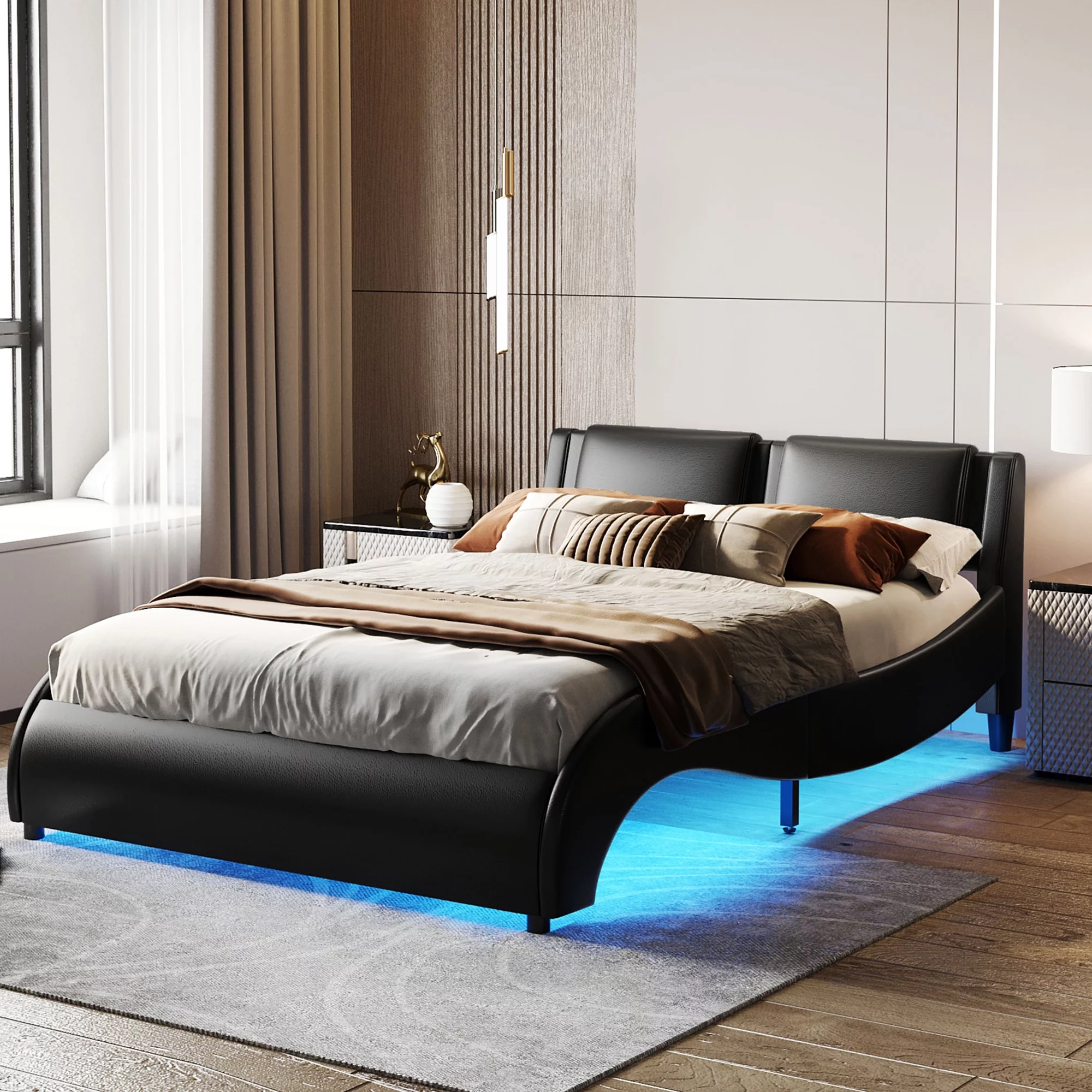 Faux Leather Upholstered Queen Platform Bed Frame with 16-Color LED Lights, Low Profile Wave Like Design Queen Bed Frame with Headboard and Wood Slat Support, No Box Spring Needed, Black