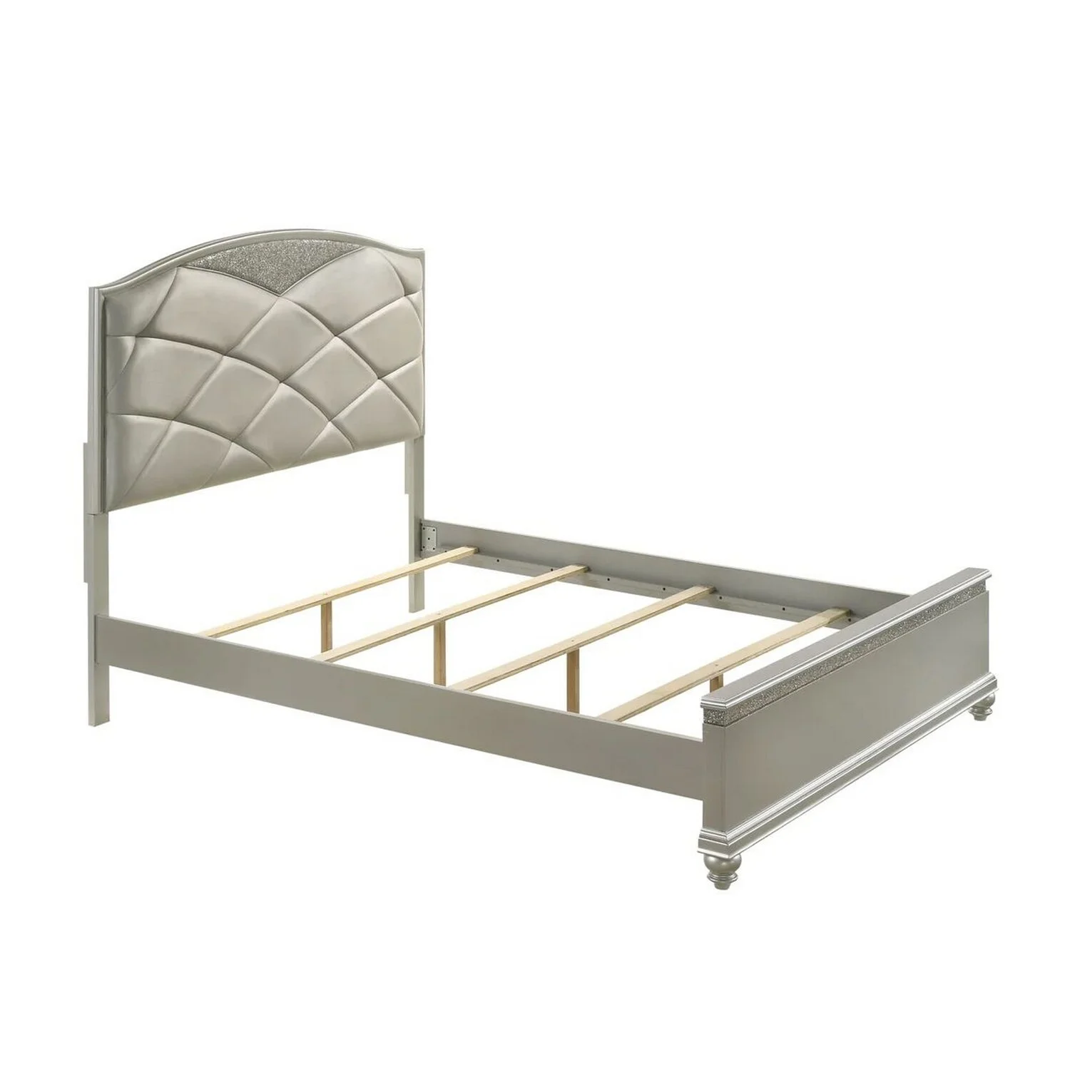 Benjara Vala King Bed, Faux Leather Headboard, Grid Tufted, Acrylic Accents, Taupe