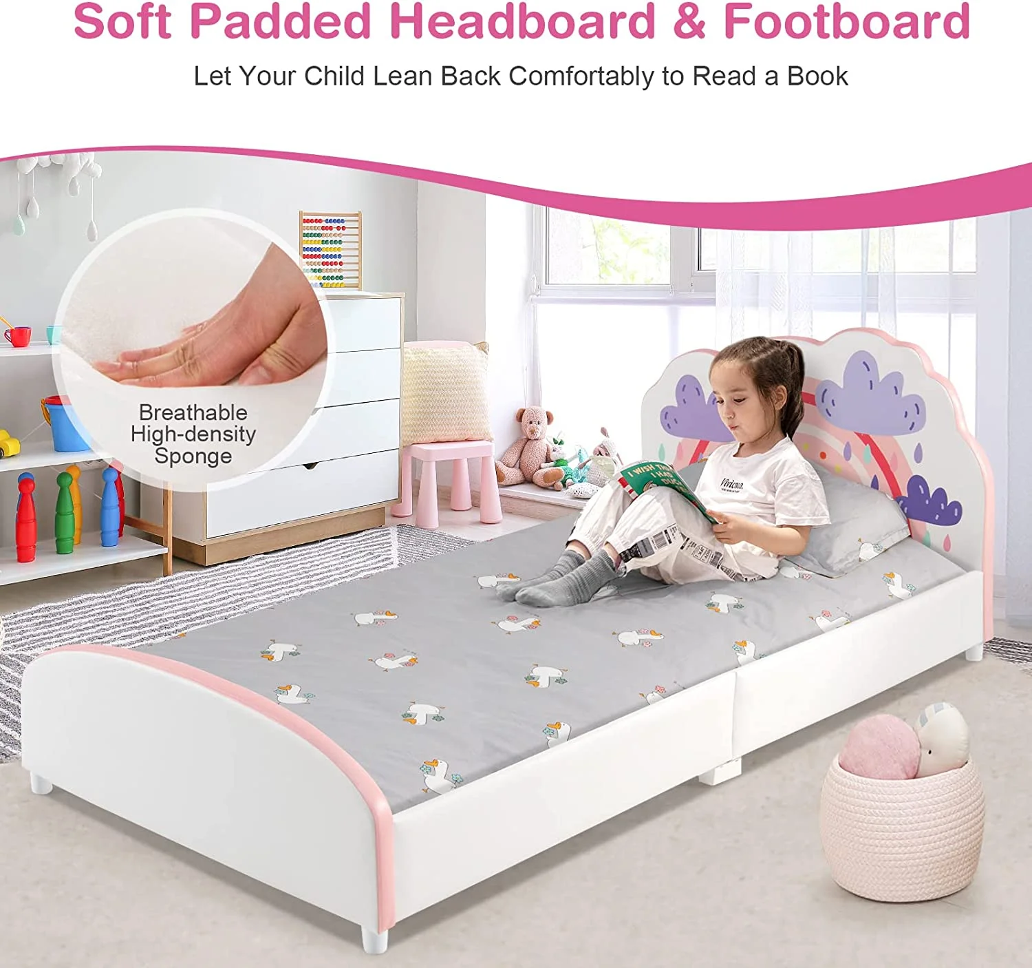 Twin Bed Frames for Kids, Wood Upholstered Twin Bed Platform with Slat Support, Padded Headboard&Footboard, No Box Spring Needed, Easy Assembly, Fits Standard Twin Mattress (Cloud)