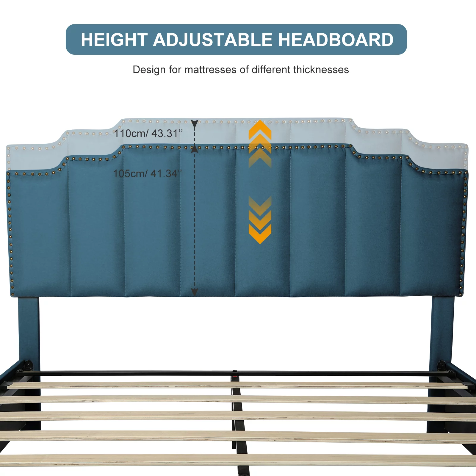 Dcenta Queen Size Platform Bed with 2 Large Drawers Linen Padded Adjustable Headboard Wooden Slats System Easy Assembly Blue