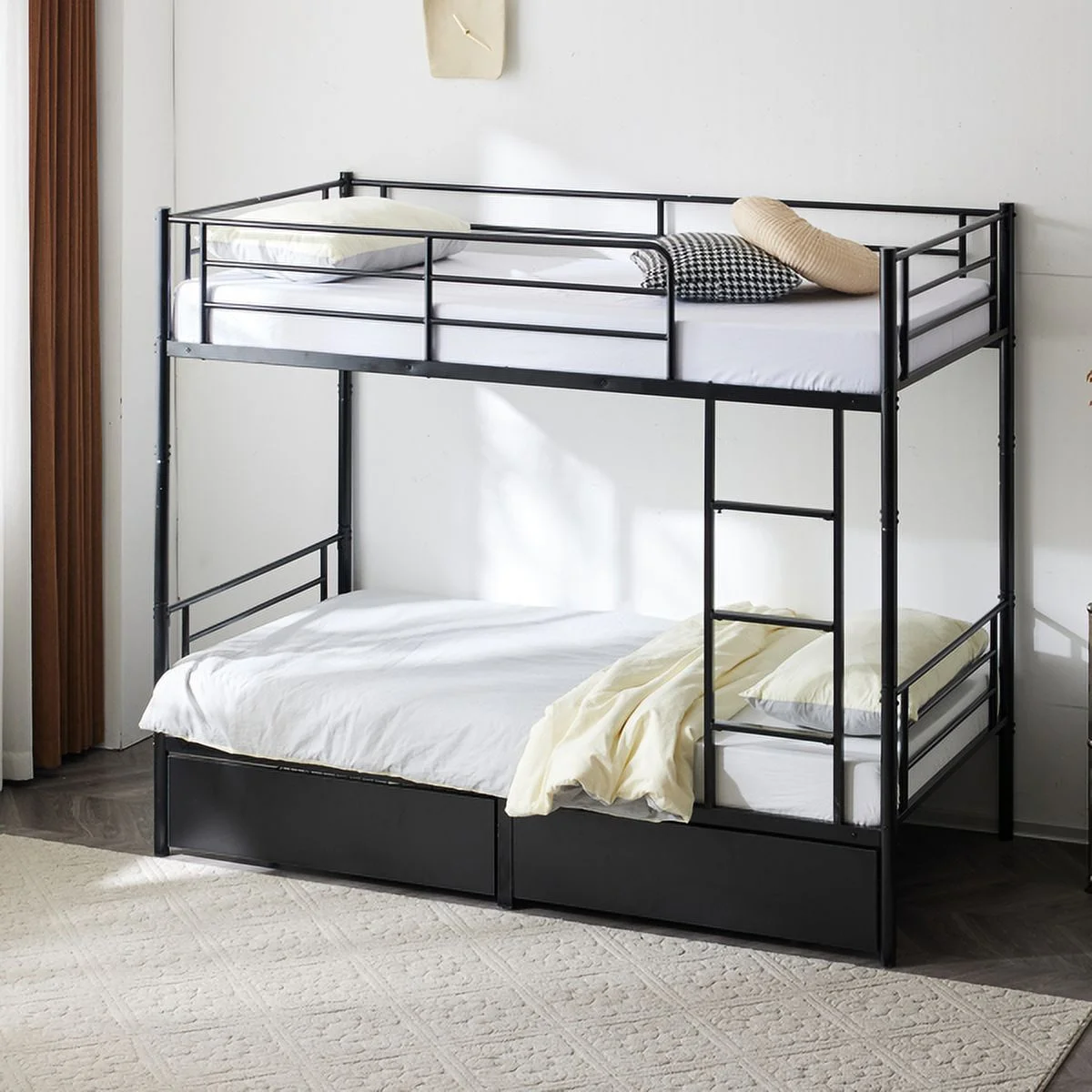 SYTHERS Black Twin Over Full Bunk Bed with 2 Drawers and 1 Staircase, Convertible into 2 Bedframe for Kids/Teens/Adults Bedroom