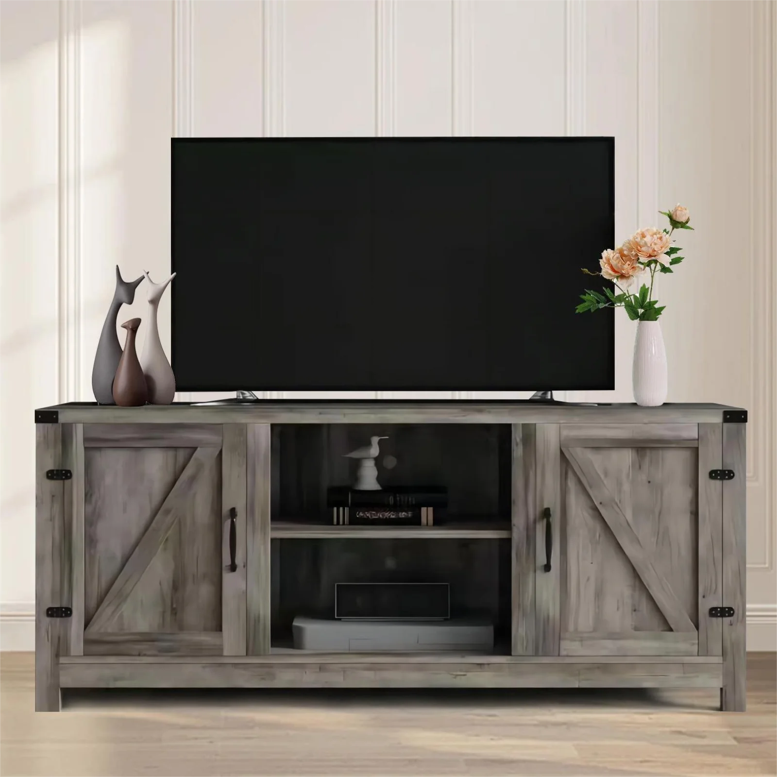 AKIUDEX Modern Farmhouse TV Stand Barn Door TV Cabinet for TVs up to 65