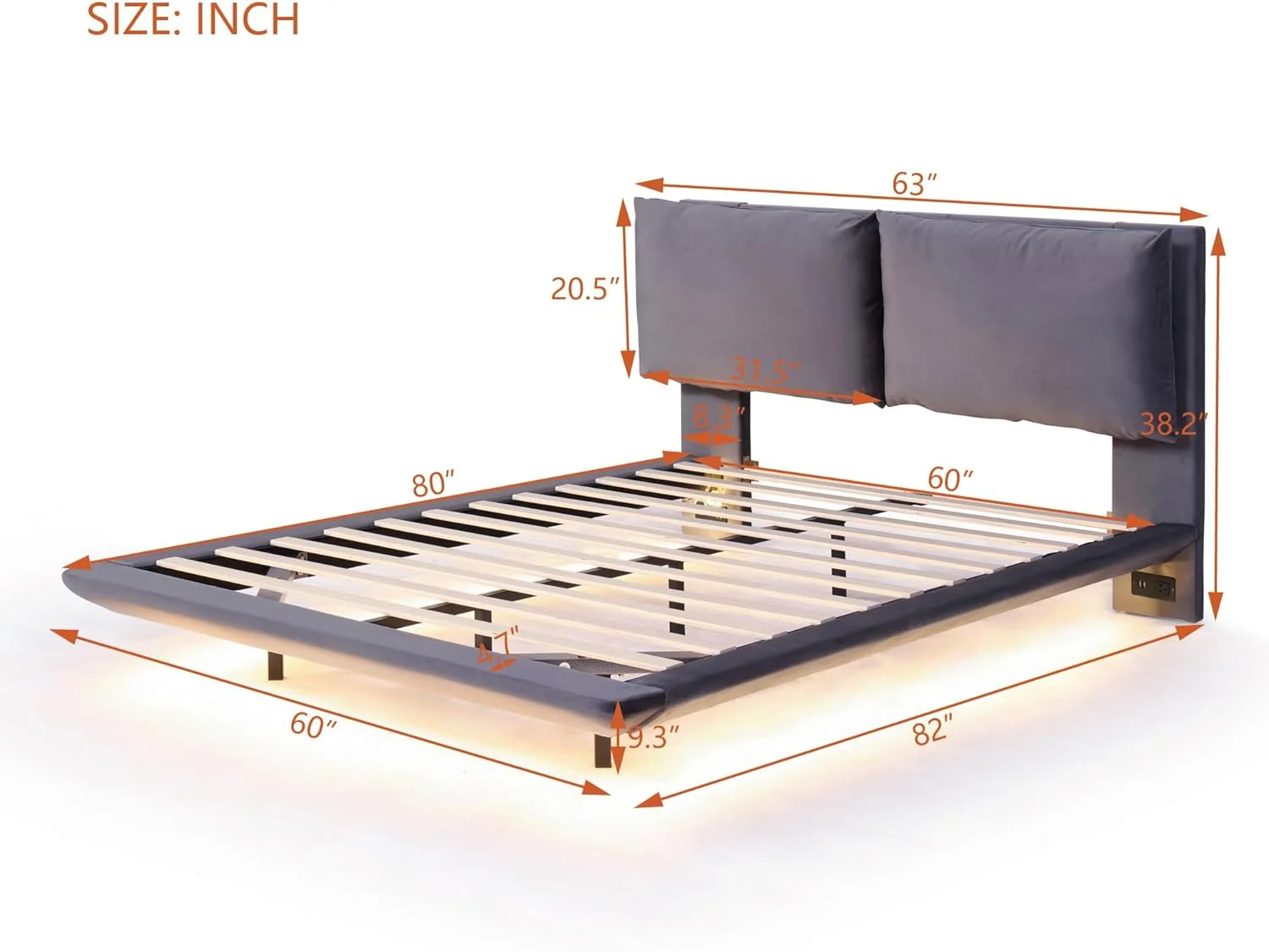 Quee Size Upholstered Platform Bed Frame With 2 Sesor Light Ad 2 Large Backrests, Quee Size Platform Bed Frame With 2 Sets Of USB Port Ad Socket O Each Rear Bed Leg, Grey