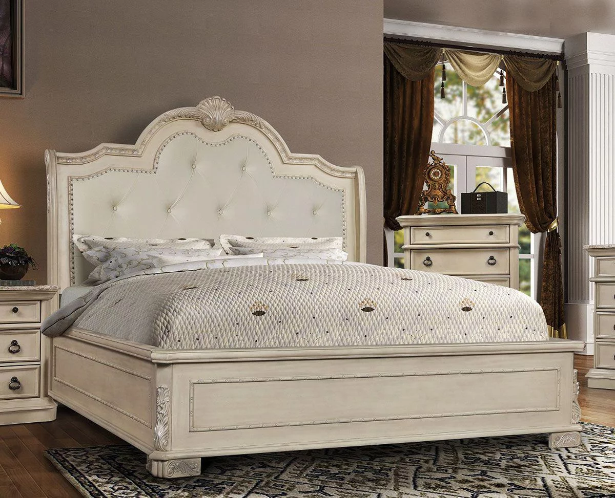 Antique White Solid Hardwood King Bed McFerran B6007 Classic Traditional