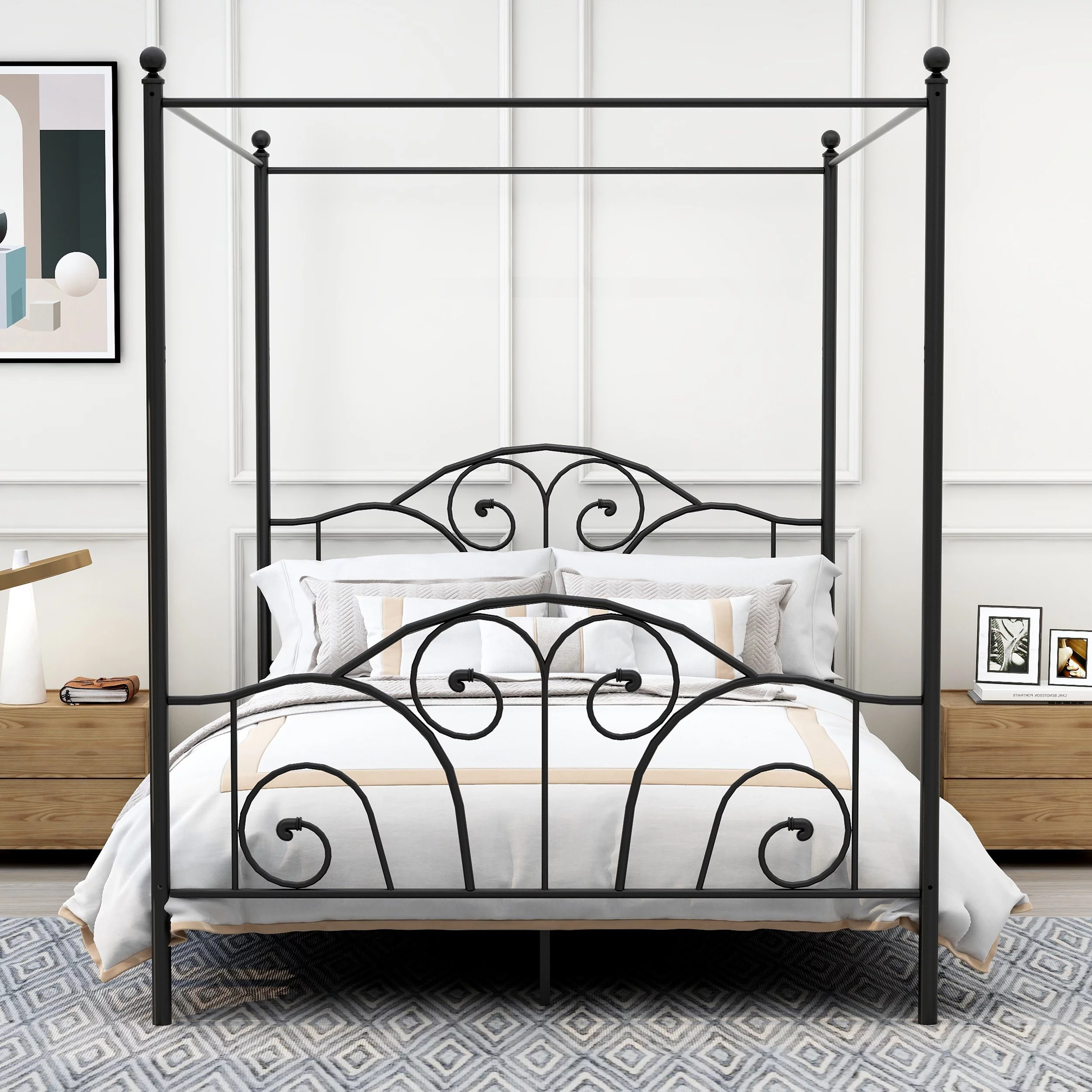 AUFANK Vintage Four Post Metal Canopy Bed Frame, Queen Size, Black
