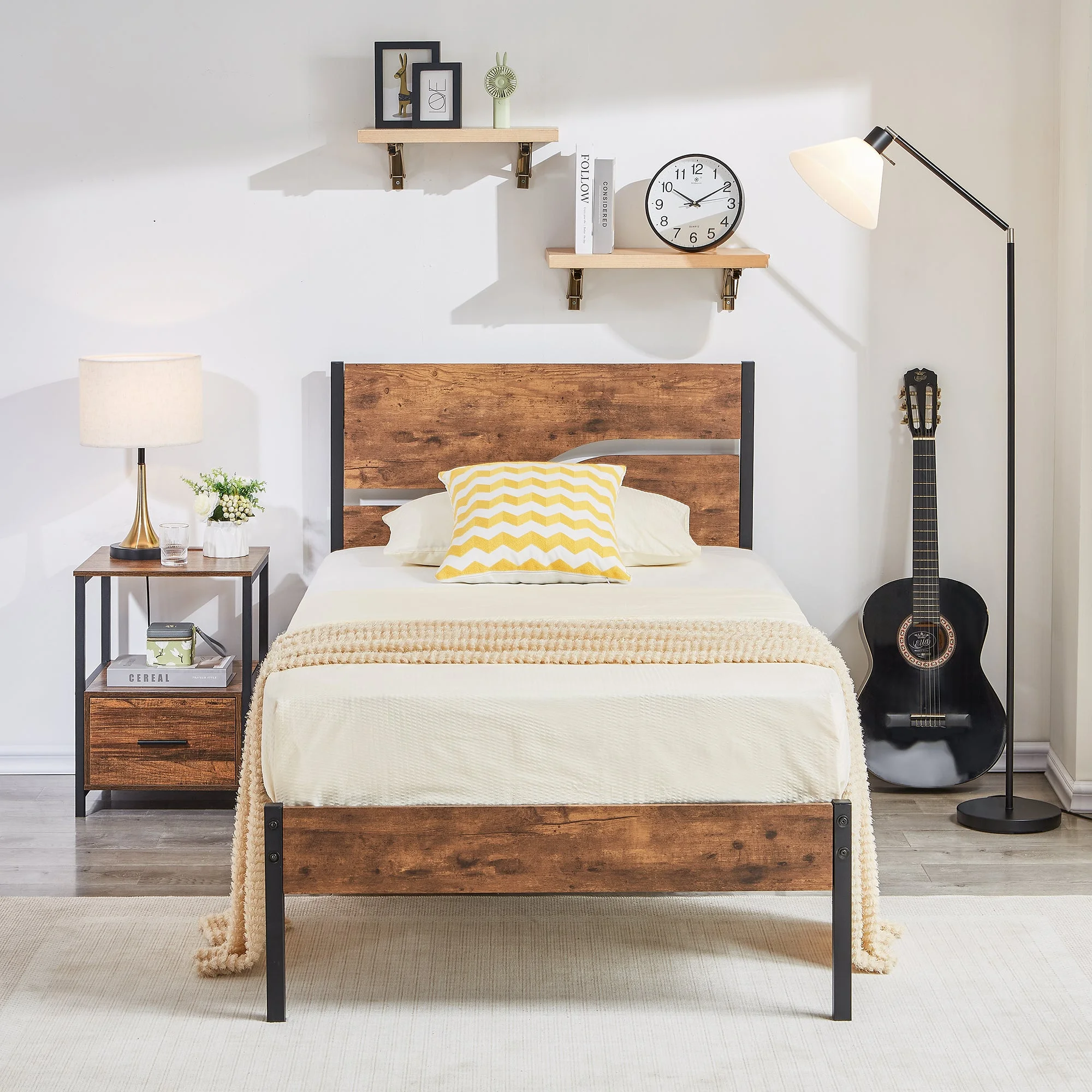 VECELO 3-Piece Twin Bedroom Set, Platform Bed Frame with Wooden Headboard and 2 Nightstand, Brown