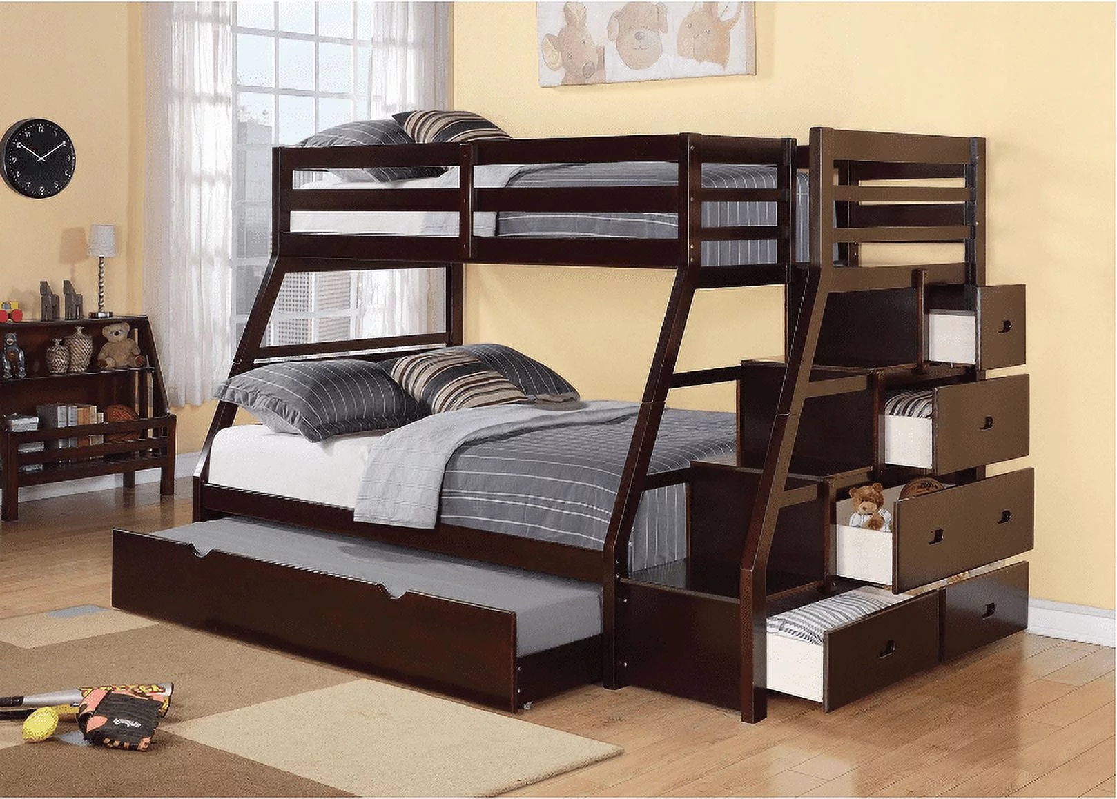 ACME Jason Wooden Twin over Full Storage Bunk Bed with Trundle in Espresso