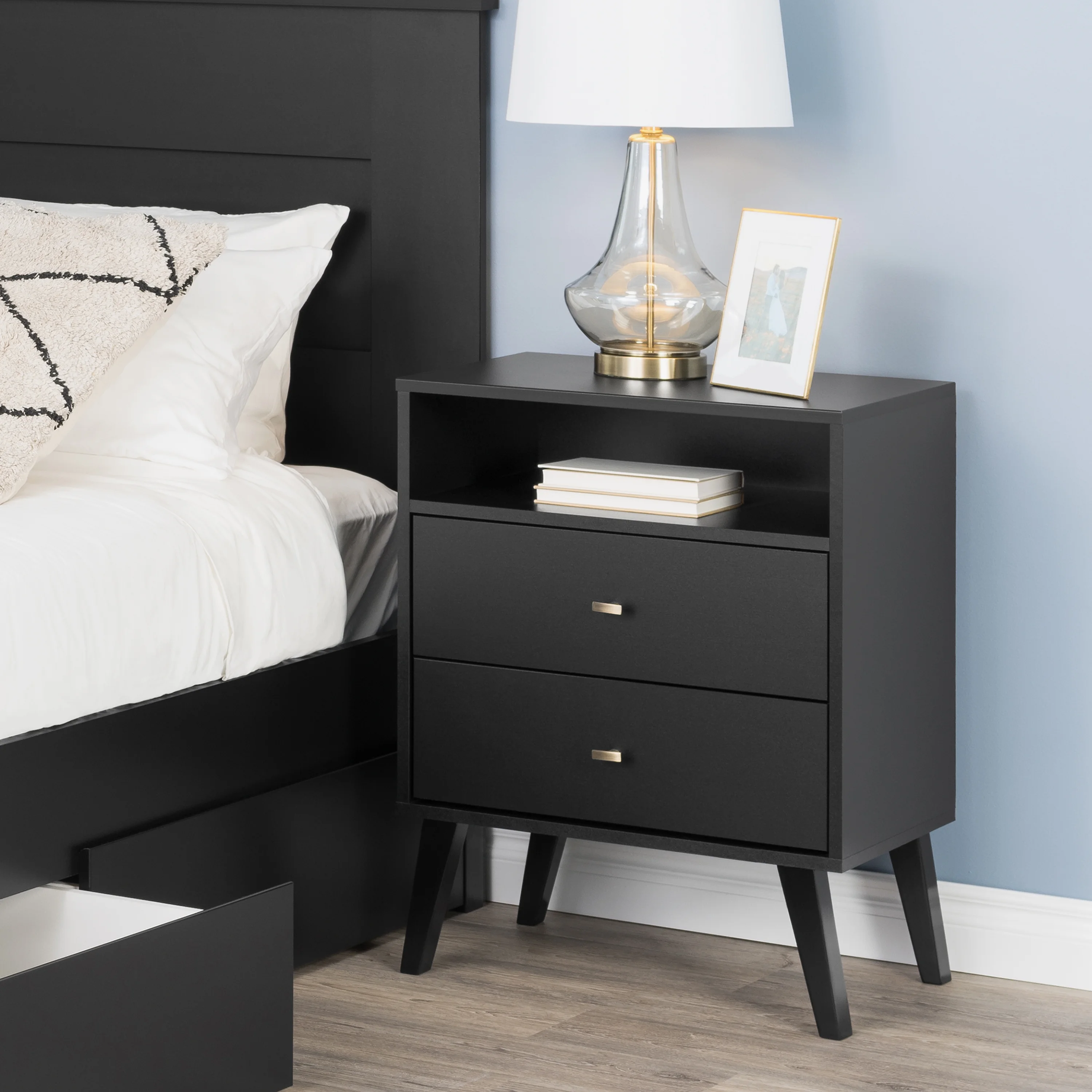 Prepac Milo Mid Century Modern Tall 2-Drawer Bedroom Nightstand, Black