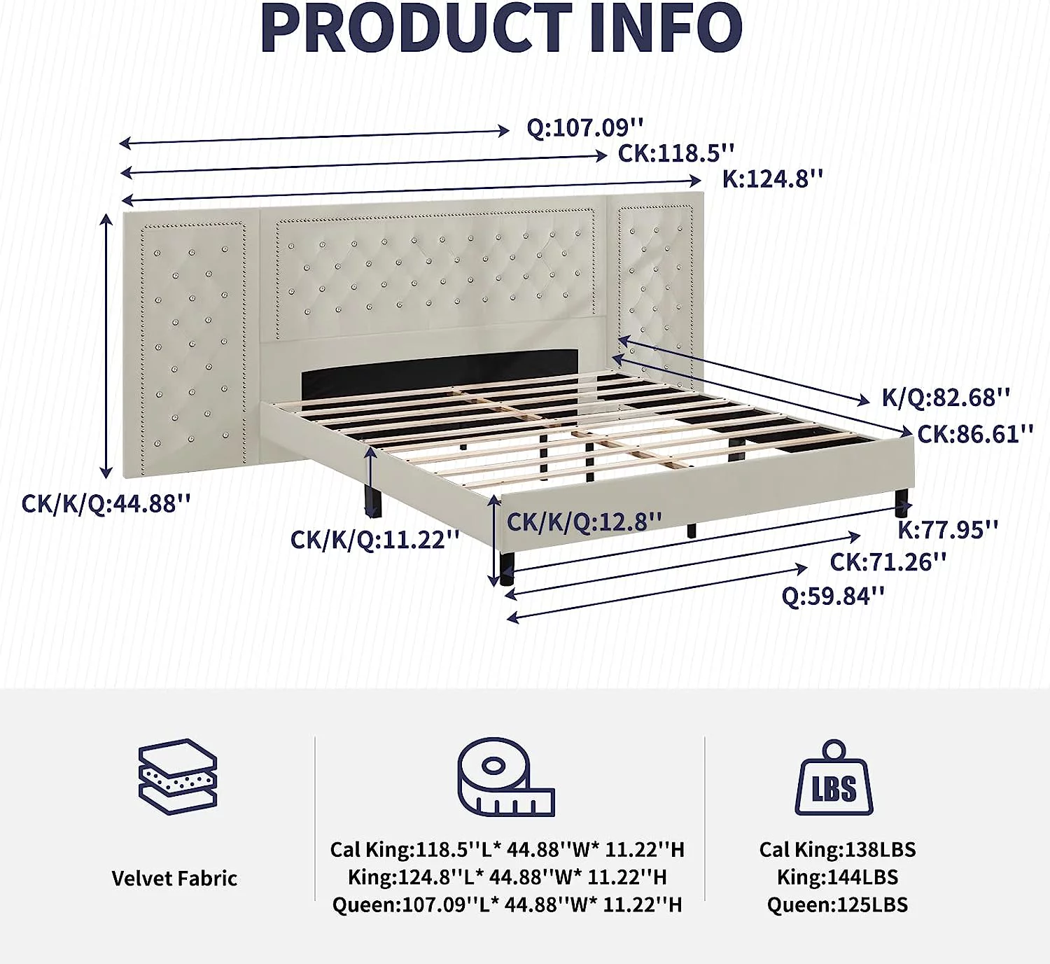 ZAFLY Upholstered California King Size Bed Frame with Oversized Crystal Button Tufted Headboard,Velvet Platform Damazy Eastern Bed,Wooden Slats Support,No Box Spring Needed,Easy Assembly,Beige