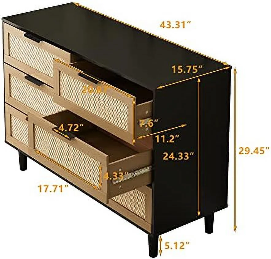 xrboomlife Rattan 6 Drawer Dresser Farmhouse  Dresser Chest of Drawers Wood Oak 6 Drawer Cabinet  Closet Dressers with Wide Drawers Mid Century Modern  Chest for Bedroom  Hallway  Living