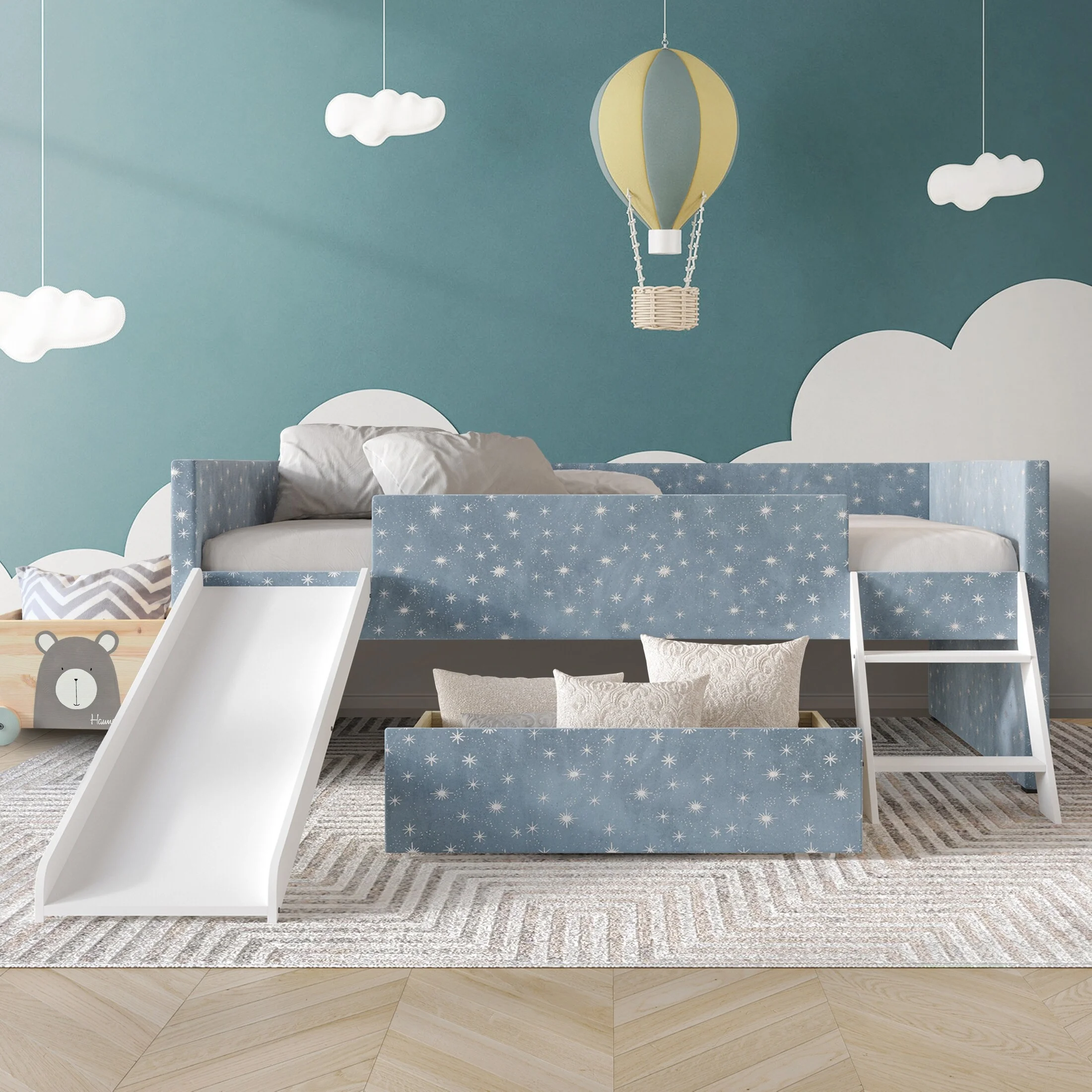 CraftPorch  Multifunctional Velvet Upholstered Loft Bed Light Blue