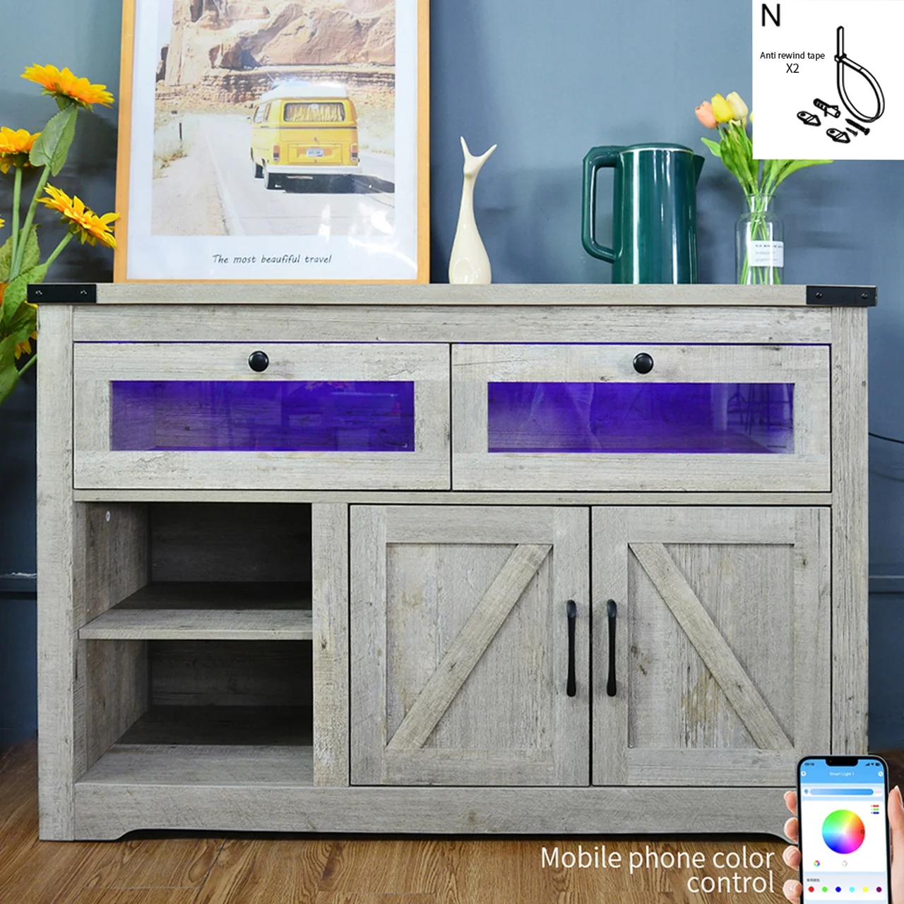 Sesslife Kitchen Storage Cabinet with LED Light & Doors, Accent Cabinet Cupboard Buffet Table with Storage Space for Dining Room, Living Room, Hallway