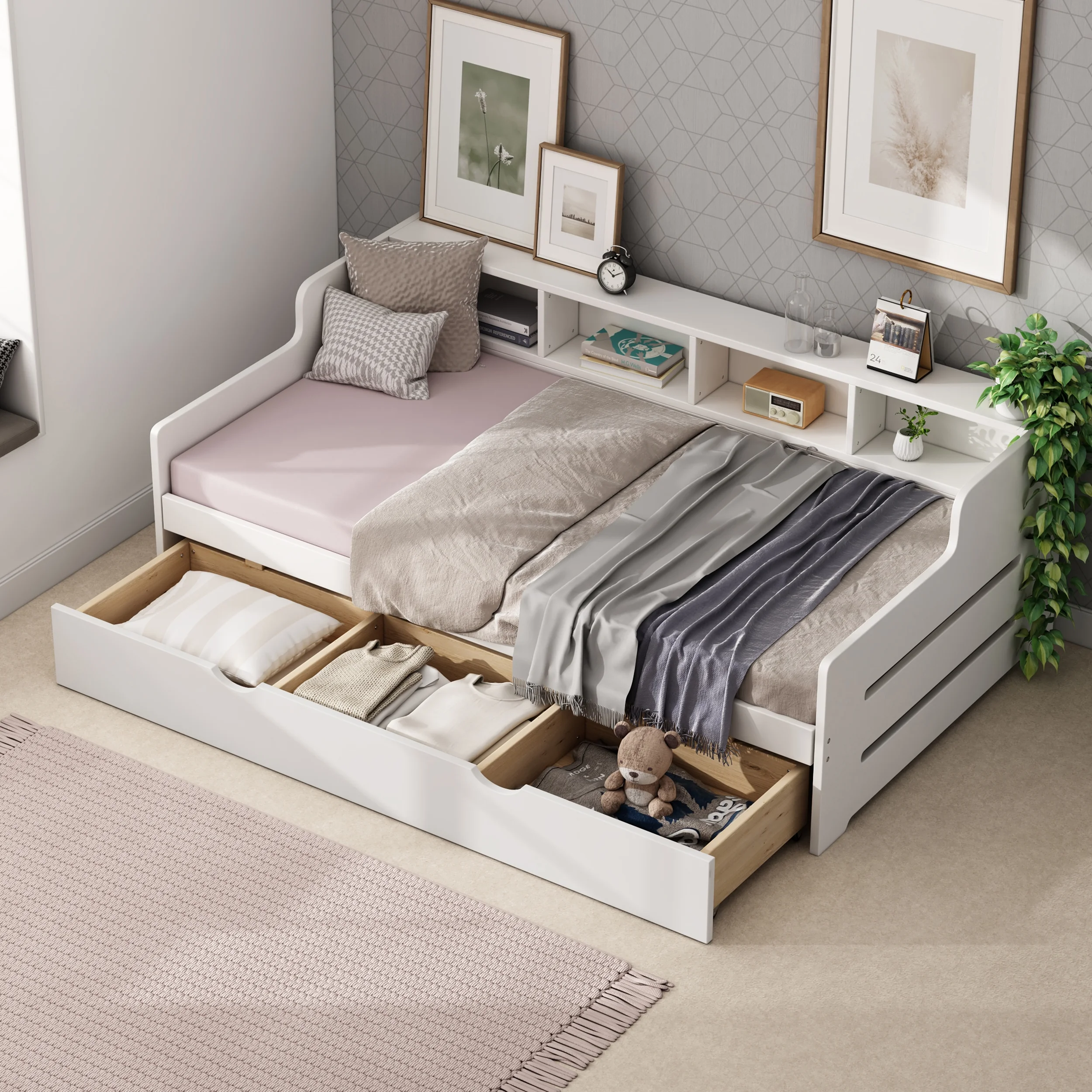 CoSoTower Twin Size Wooden Day Bed with 3 Trawers for Guest Room, Small Bedroom, Study Room, White