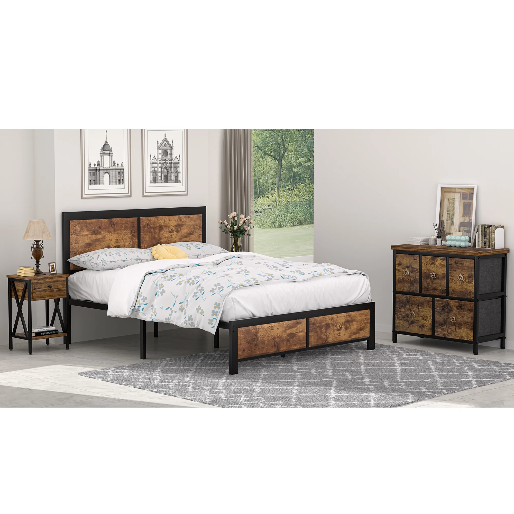 VECELO 4-Piece Bedroom Set with Queen Size Platform Bed Frame & 5-Drawer Dresser & Two Nightstands, Brown