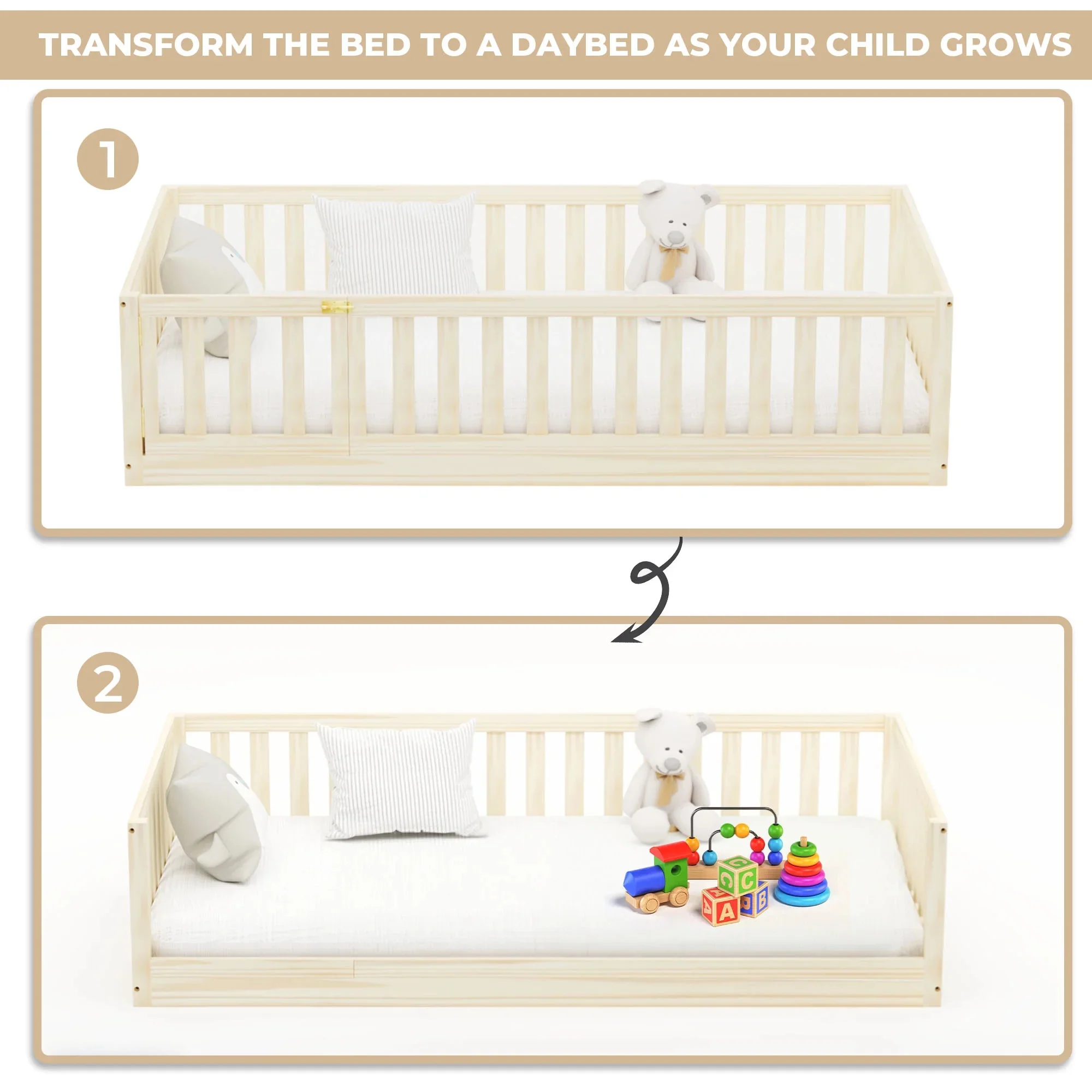 Custom Kids Furniture Hardwood Gianna Toddler Floor Bed with Slats and Gate