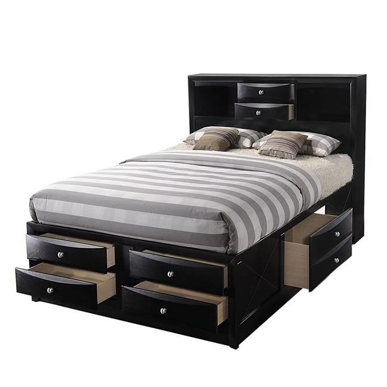 Eight Drawer Full Size Storage Bed with Bookcase Headboard, Black
