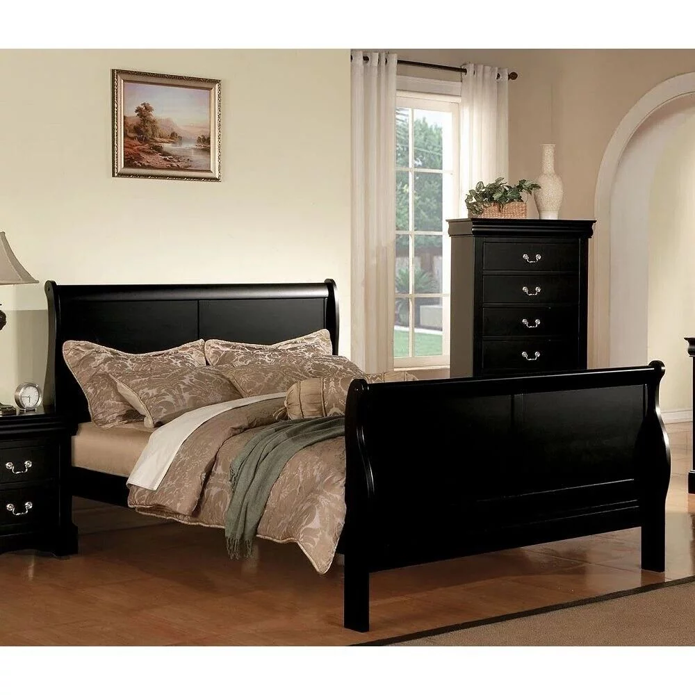 Traditional Black Finish Panel Bed Dresser Mirror Nightstand Chest 5pc Twin Bedroom Furniture Set Louis Phillippe Style