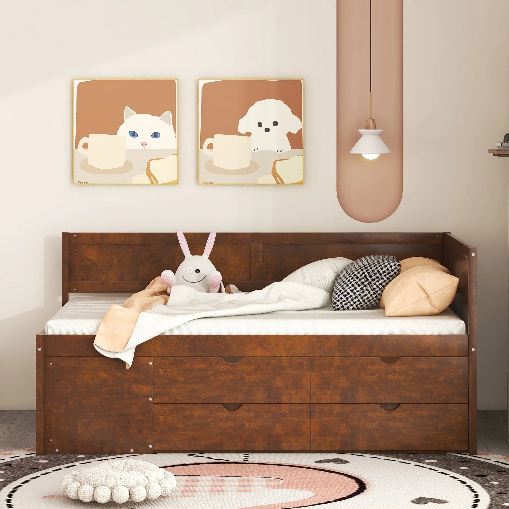 Elegant Design Daybed with Drawers and Shelves, Pine Wood Day Bed with Maximized space for Office/Living Room/Bedroom, Sturdy Slats Support Wooden Sofa Bed for Teens Adults